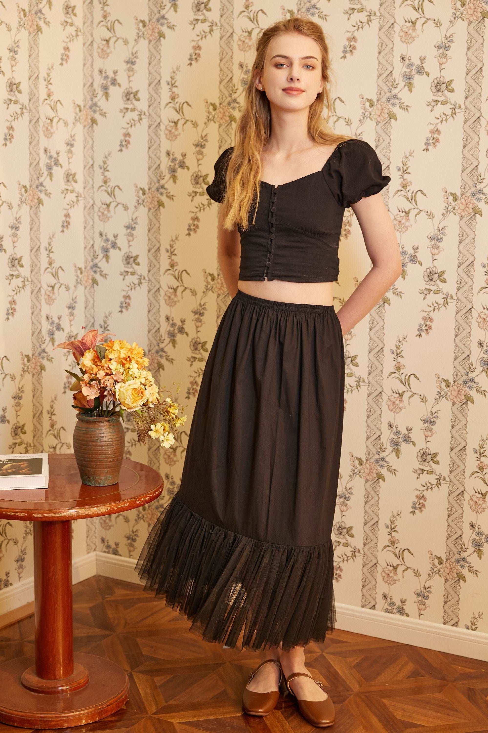 Half Slip Cotton Petticoat Skirt Extender with Pleated Mesh Hem Underskirt Under Dresses Black