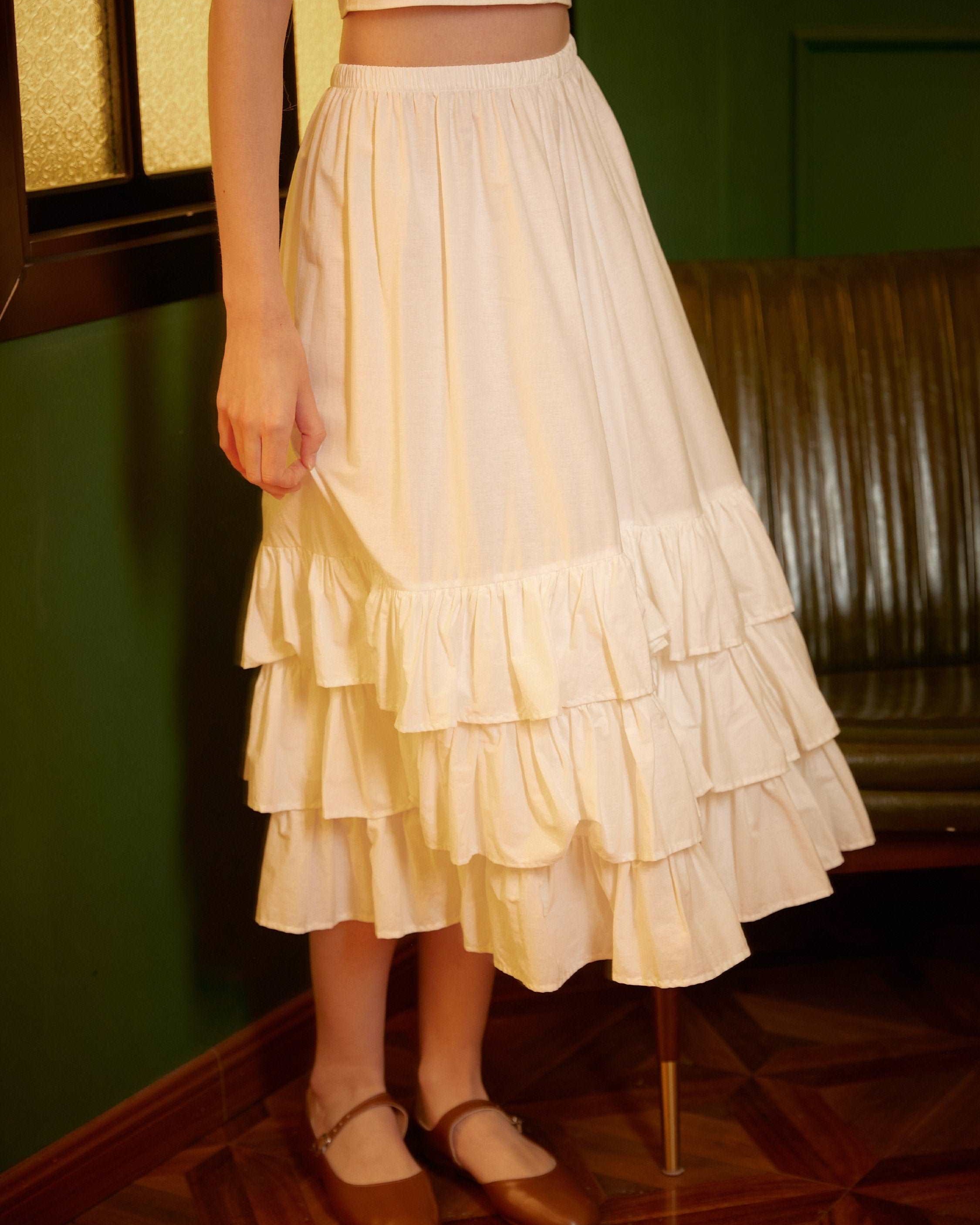 Petticoat Skirt Cotton Half Slip with Three Layers of Ruffles Skirt Extender Women Underskirt Ivory