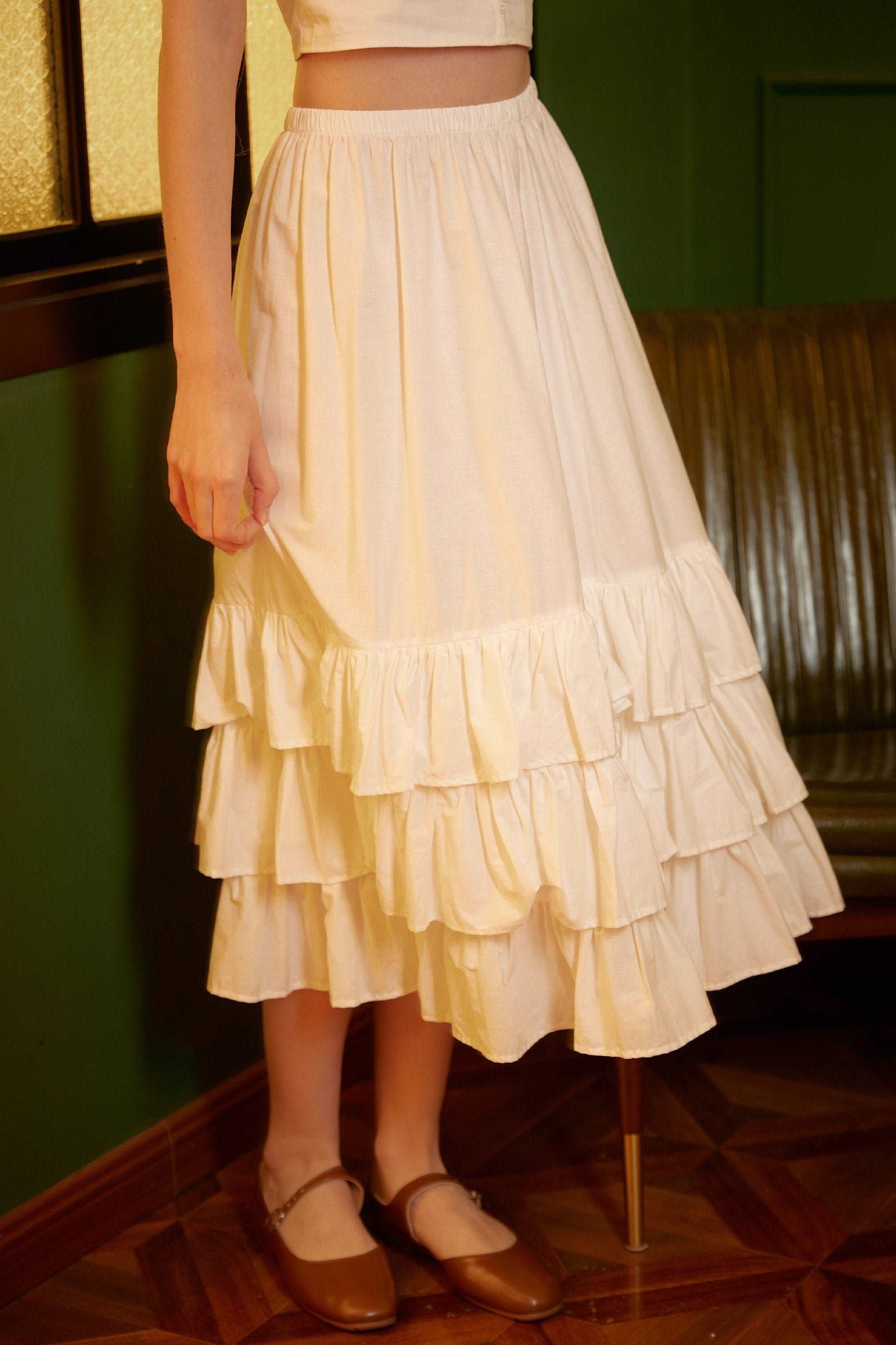Petticoat Skirt Cotton Half Slip with Three Layers of Ruffles Skirt Extender Women Underskirt Ivory