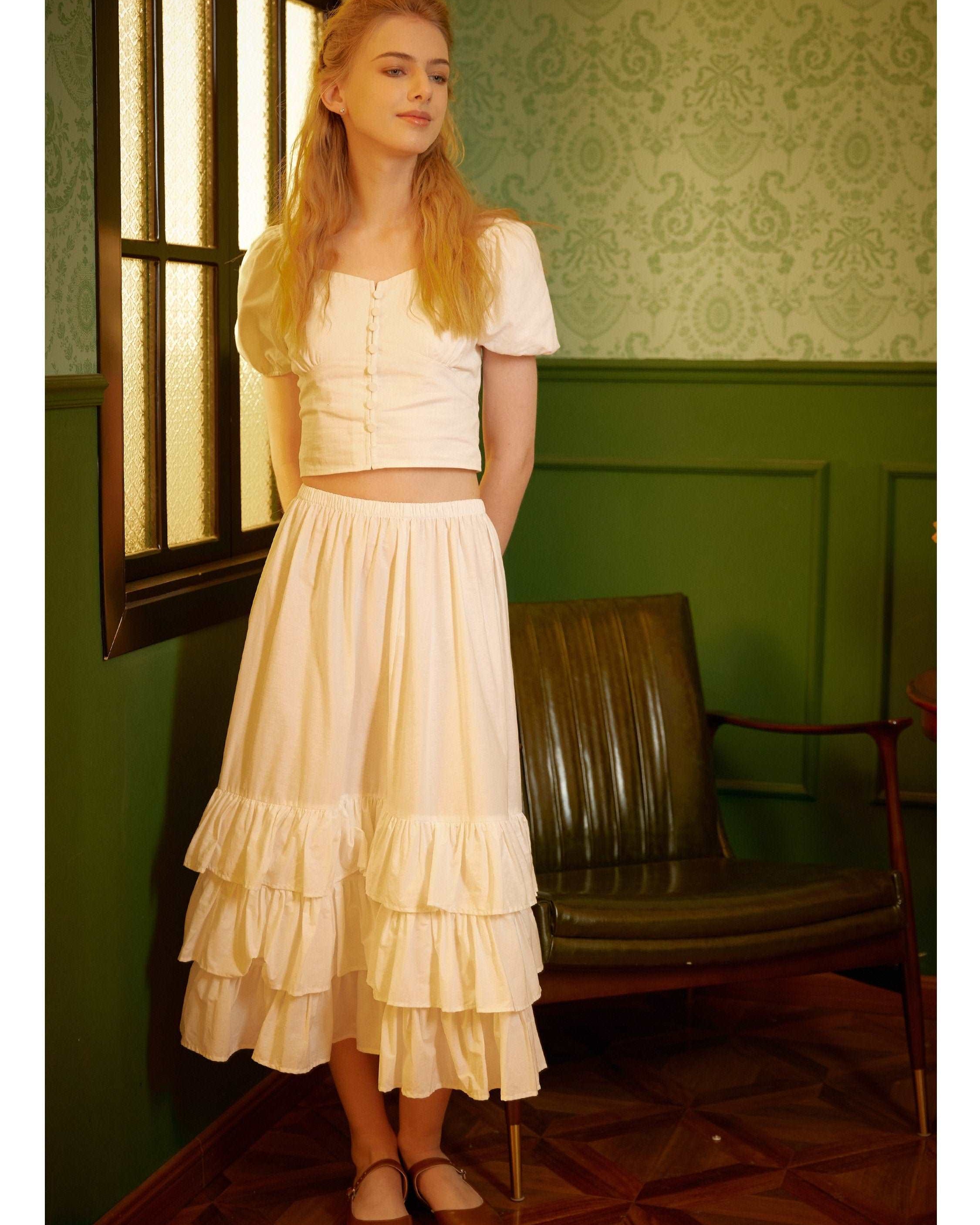 Petticoat Skirt Cotton Half Slip with Three Layers of Ruffles Skirt Extender Women Underskirt Ivory