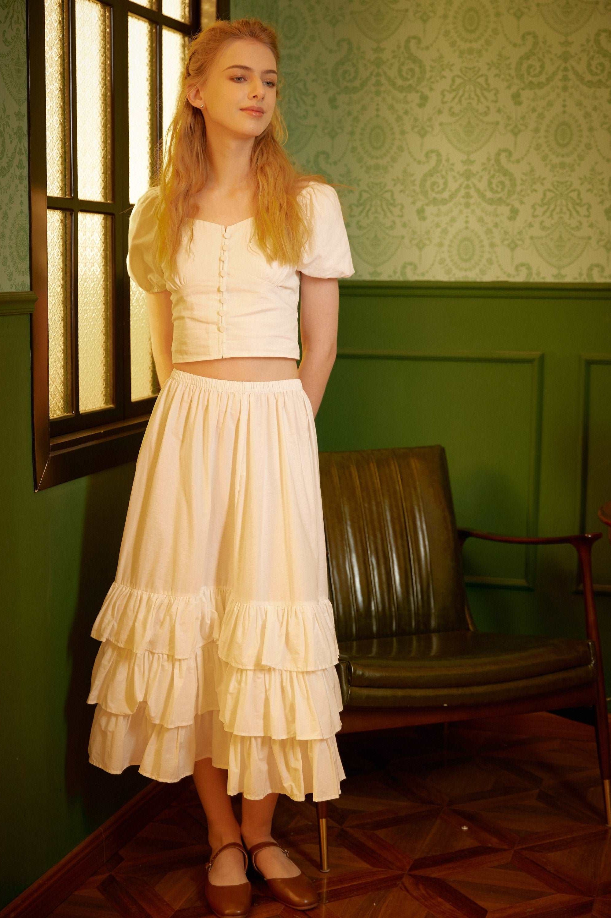 Petticoat Skirt Cotton Half Slip with Three Layers of Ruffles Skirt Extender Women Underskirt Ivory
