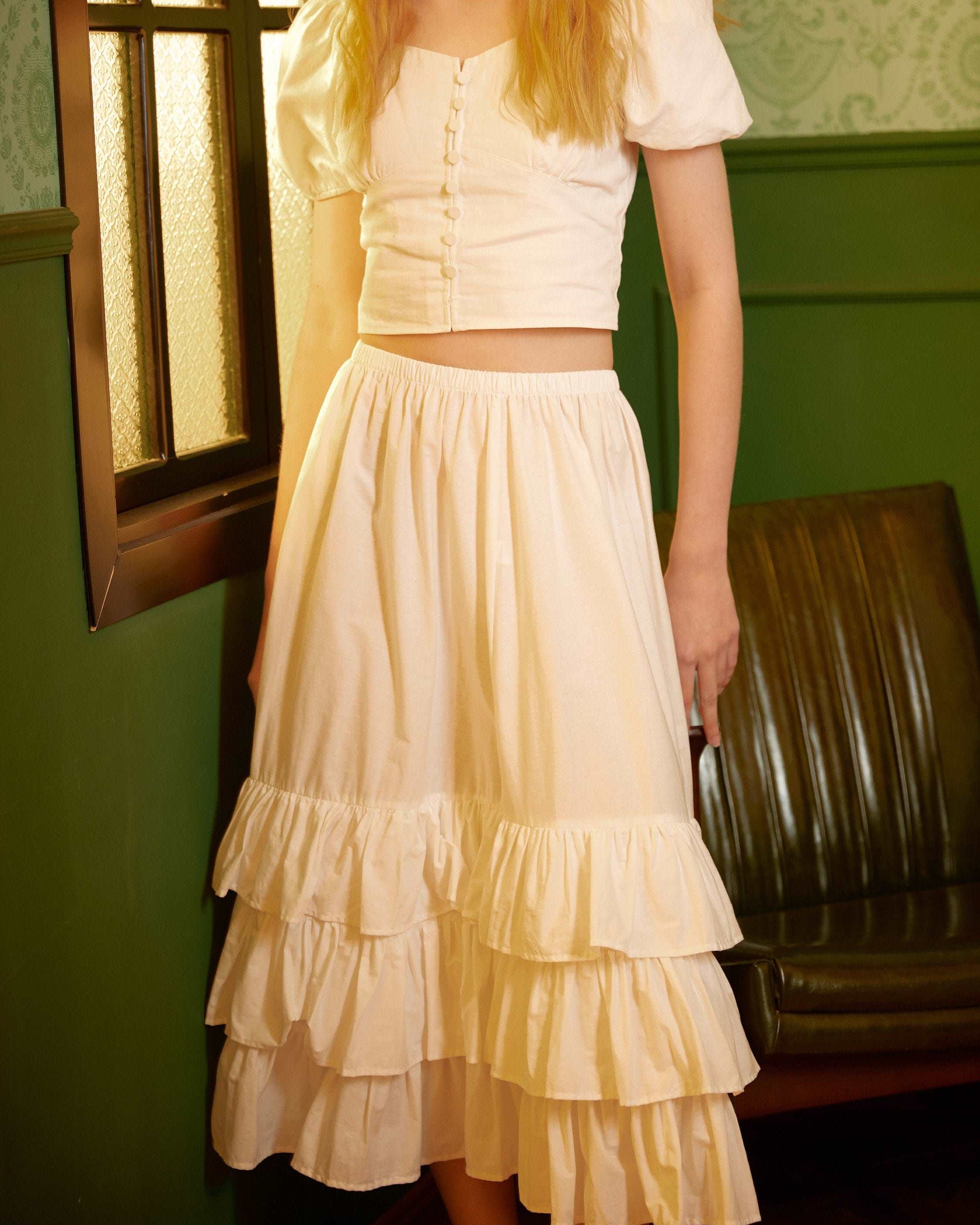 Petticoat Skirt Cotton Half Slip with Three Layers of Ruffles Skirt Extender Women Underskirt Ivory