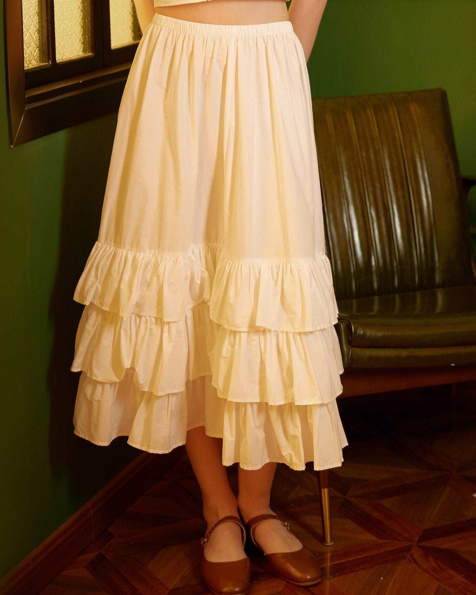 Petticoat Skirt Cotton Half Slip with Three Layers of Ruffles Skirt Extender Women Underskirt Ivory