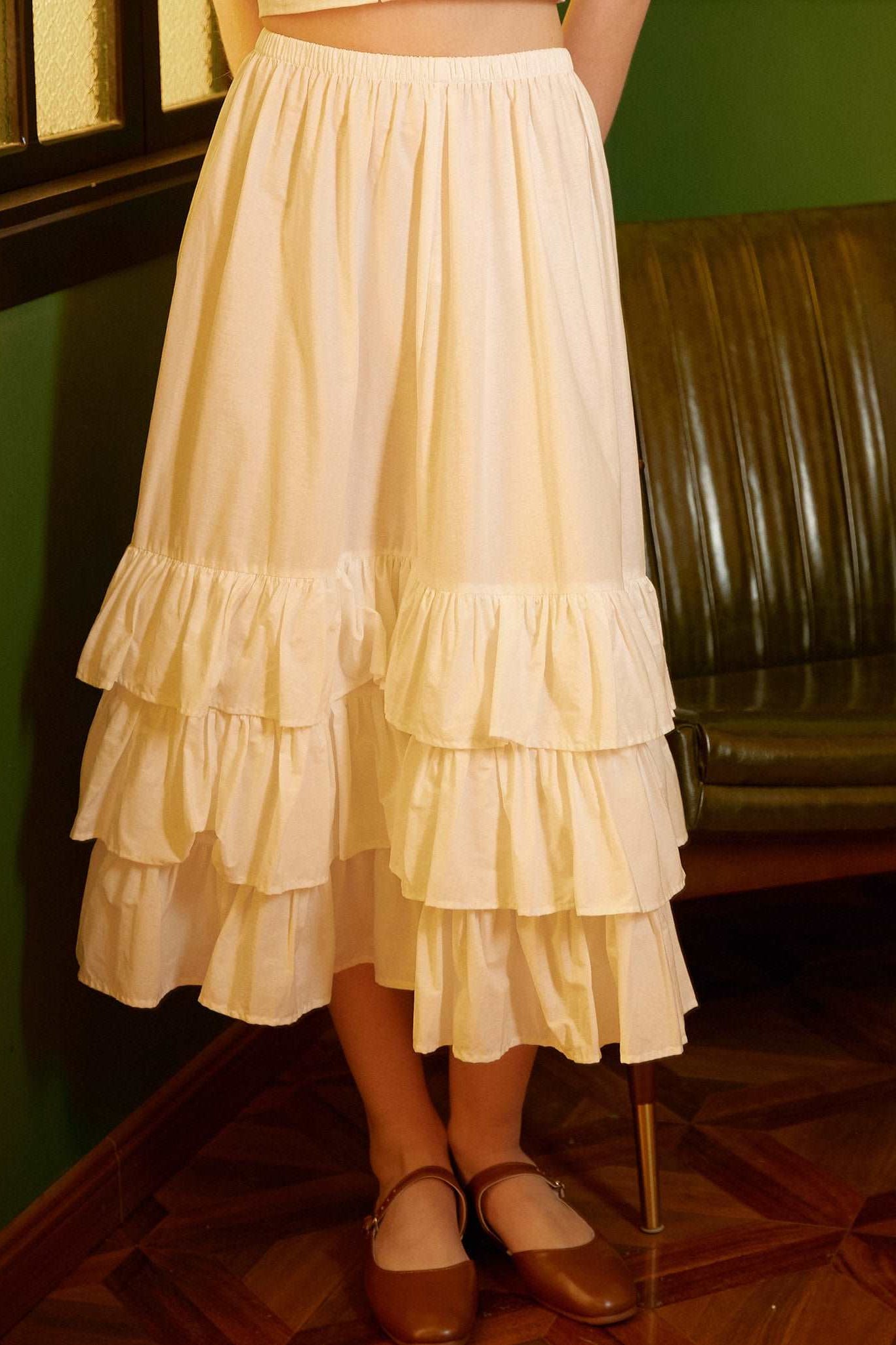 Petticoat Skirt Cotton Half Slip with Three Layers of Ruffles Skirt Extender Women Underskirt Ivory