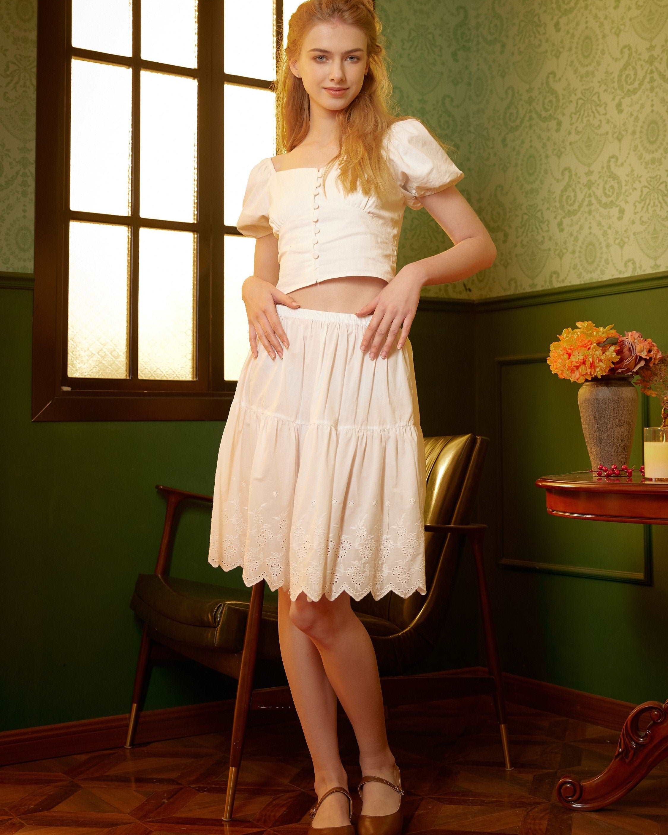 Petticoat Skirt 100% Cotton Half Slip Crinoline Skirt Extender Underskirt with Lace Embroidery Ivory/Black Knee Length