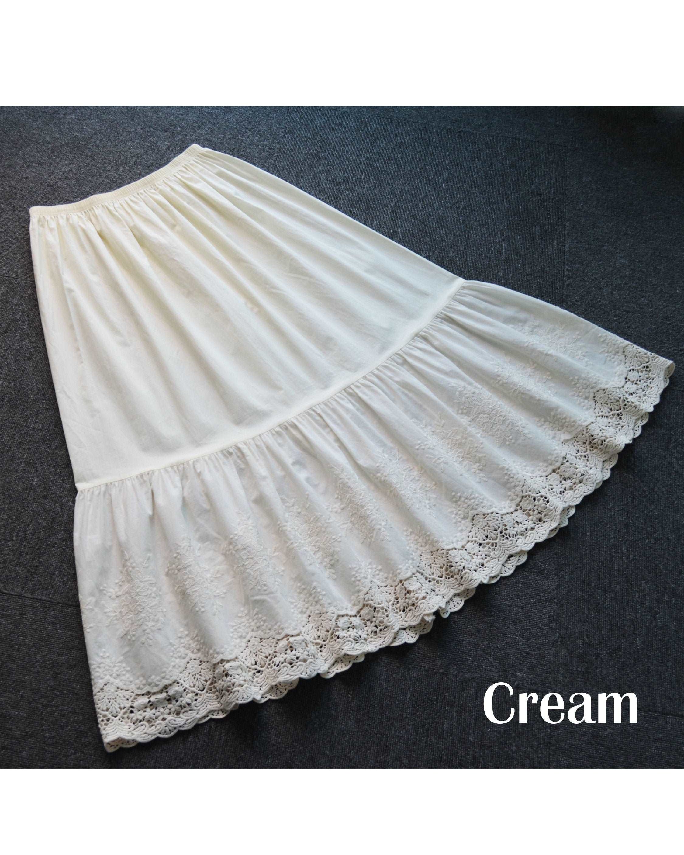 Petticoat Cotton Half Slip Women Skirt Extender with Embroidery Lace Hem Underskirt Elastic Waistband Ivory and Cream