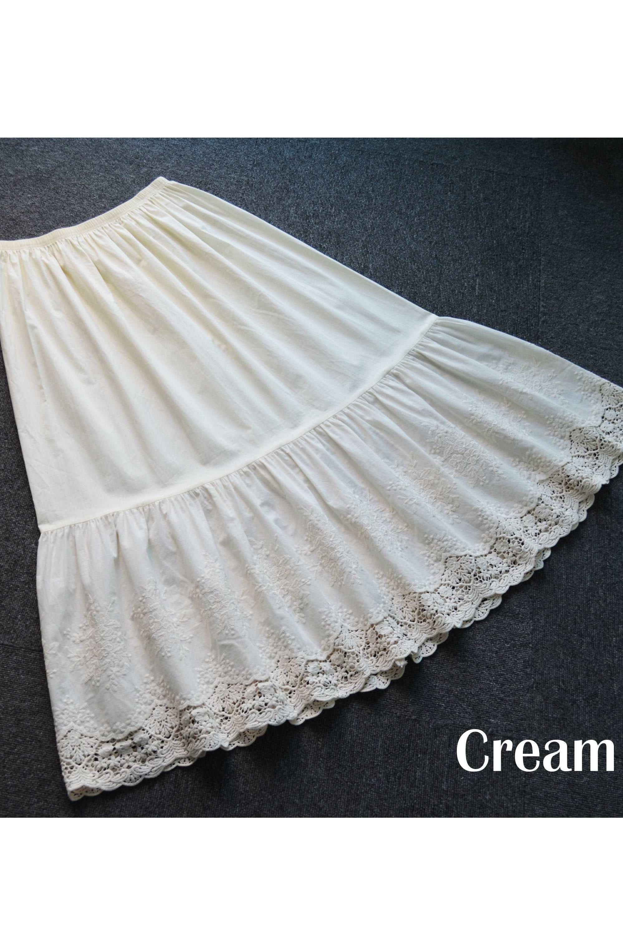 Petticoat Cotton Half Slip Women Skirt Extender with Embroidery Lace Hem Underskirt Elastic Waistband Ivory and Cream
