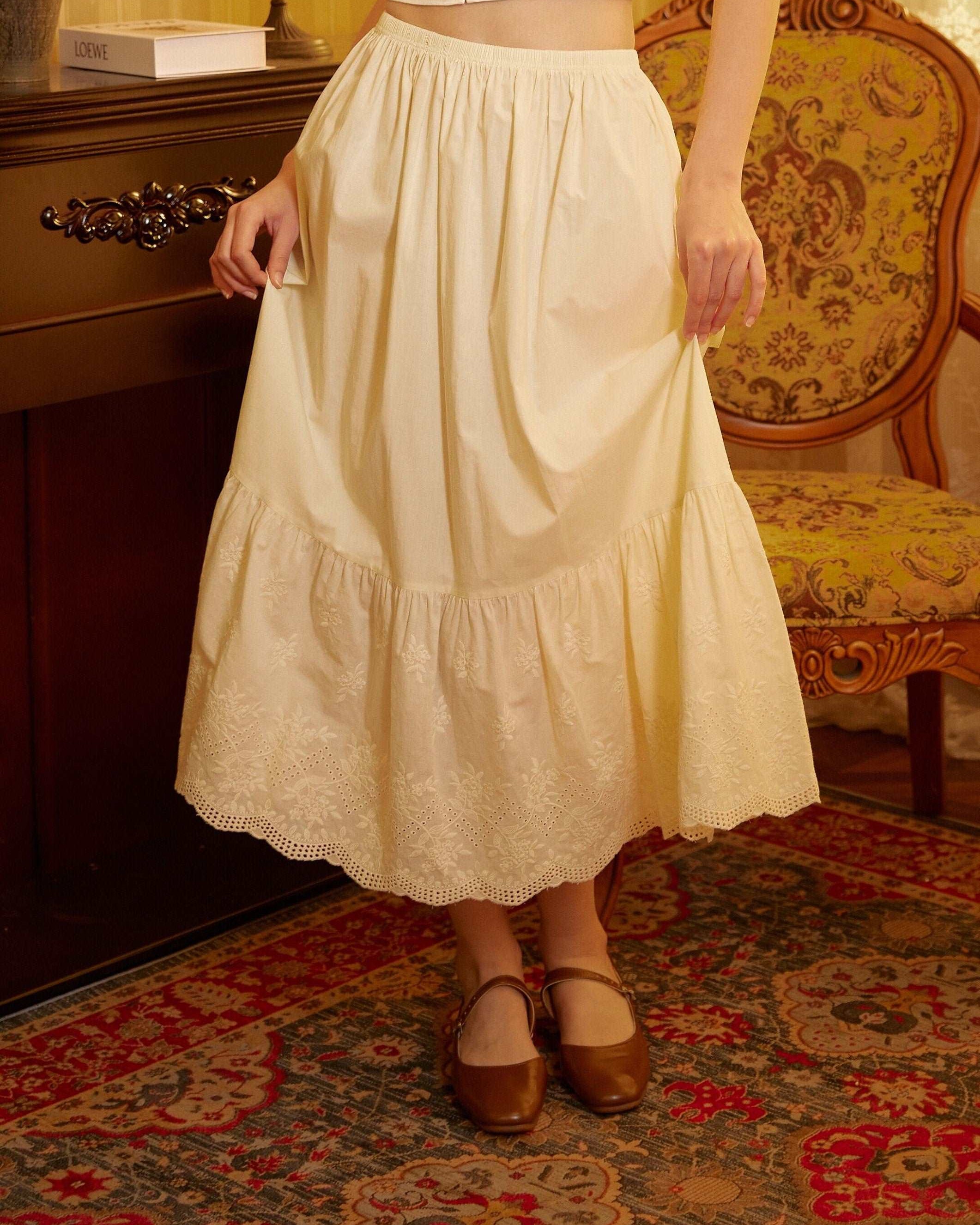 Petticoat Half Slip Cotton Women's Skirt Extender Dress Extender Vintage Style Underskirt with Flower Vine Lace Embroidery