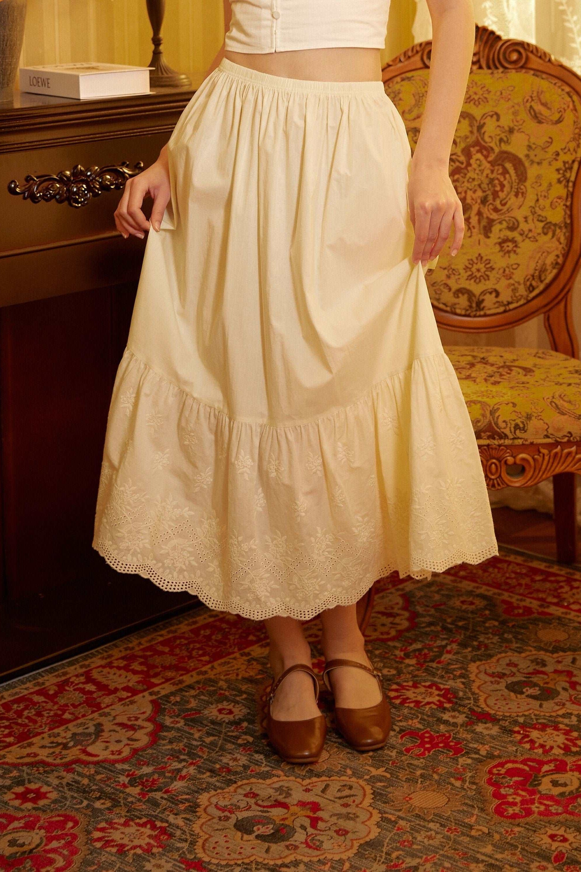 Petticoat Half Slip Cotton Women's Skirt Extender Dress Extender Vintage Style Underskirt with Flower Vine Lace Embroidery