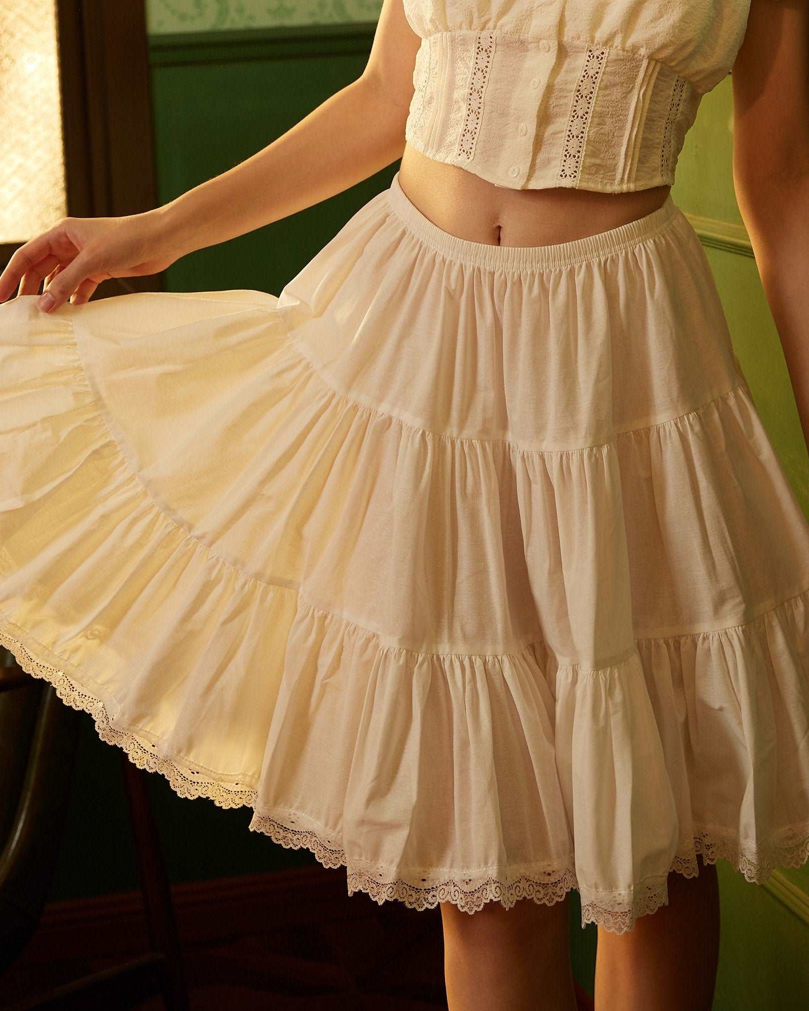 Petticoat Half Slip Cotton Woman Skirt Extender Crinoline Edged Lace A-line underskirt with Elastic waistband in three lengths Ivory