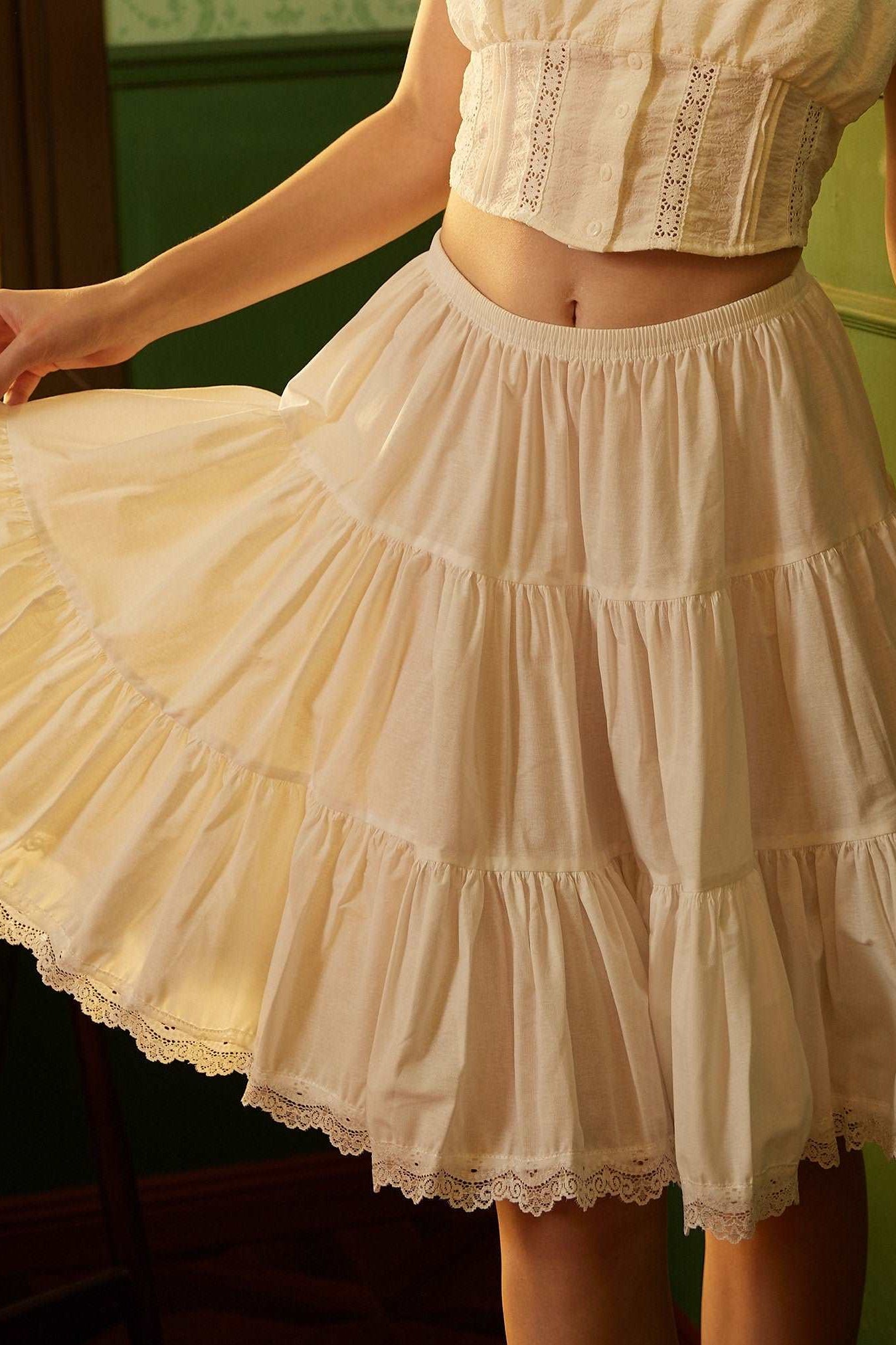 Petticoat Half Slip Cotton Woman Skirt Extender Crinoline Edged Lace A-line underskirt with Elastic waistband in three lengths Ivory