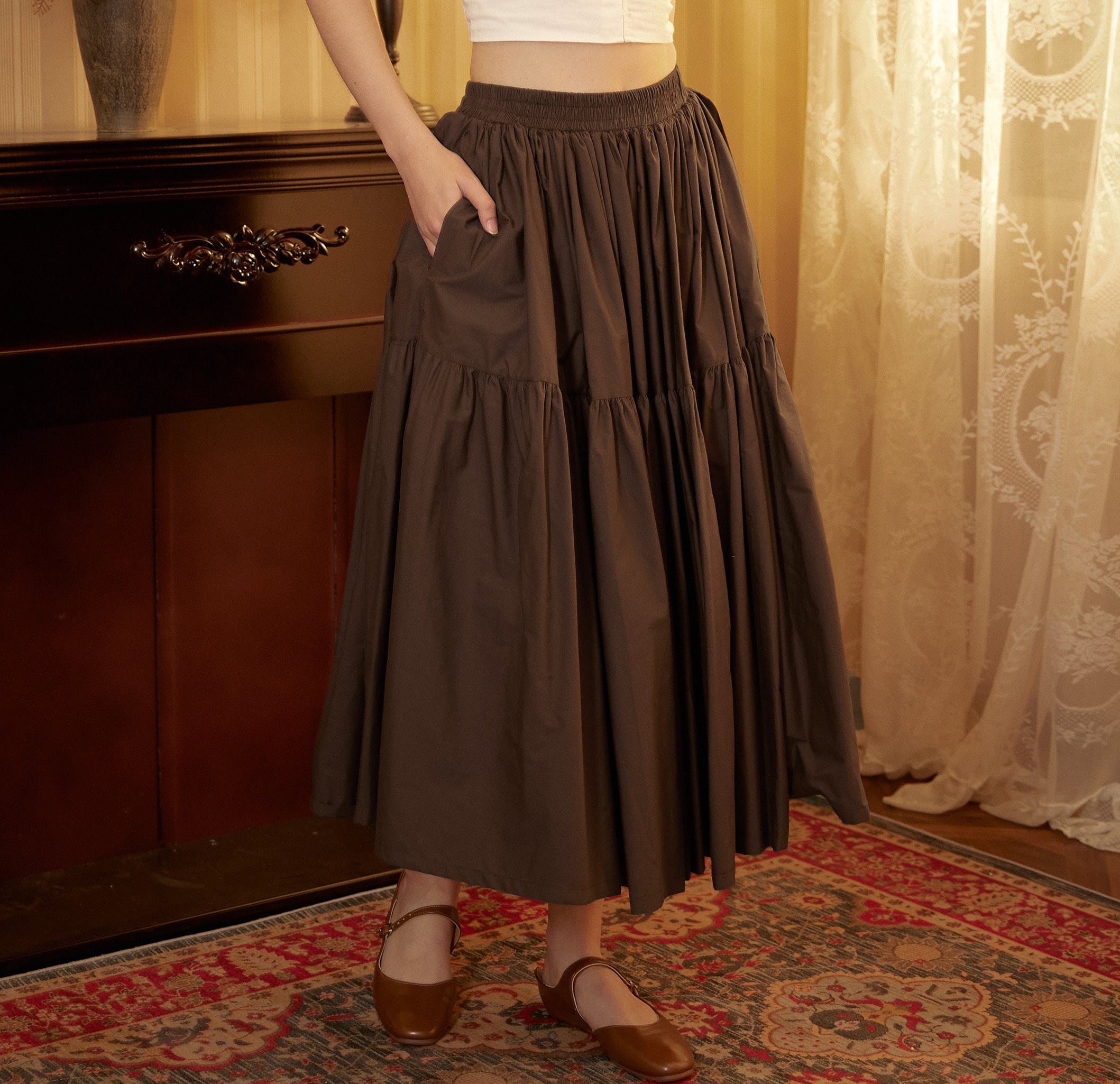 Brown Skirt Tiered Pocket Maxi Skirt Cotton Long Skirt Boho Pleated Skirt Flexible Waistband, Perfect for All Seasons