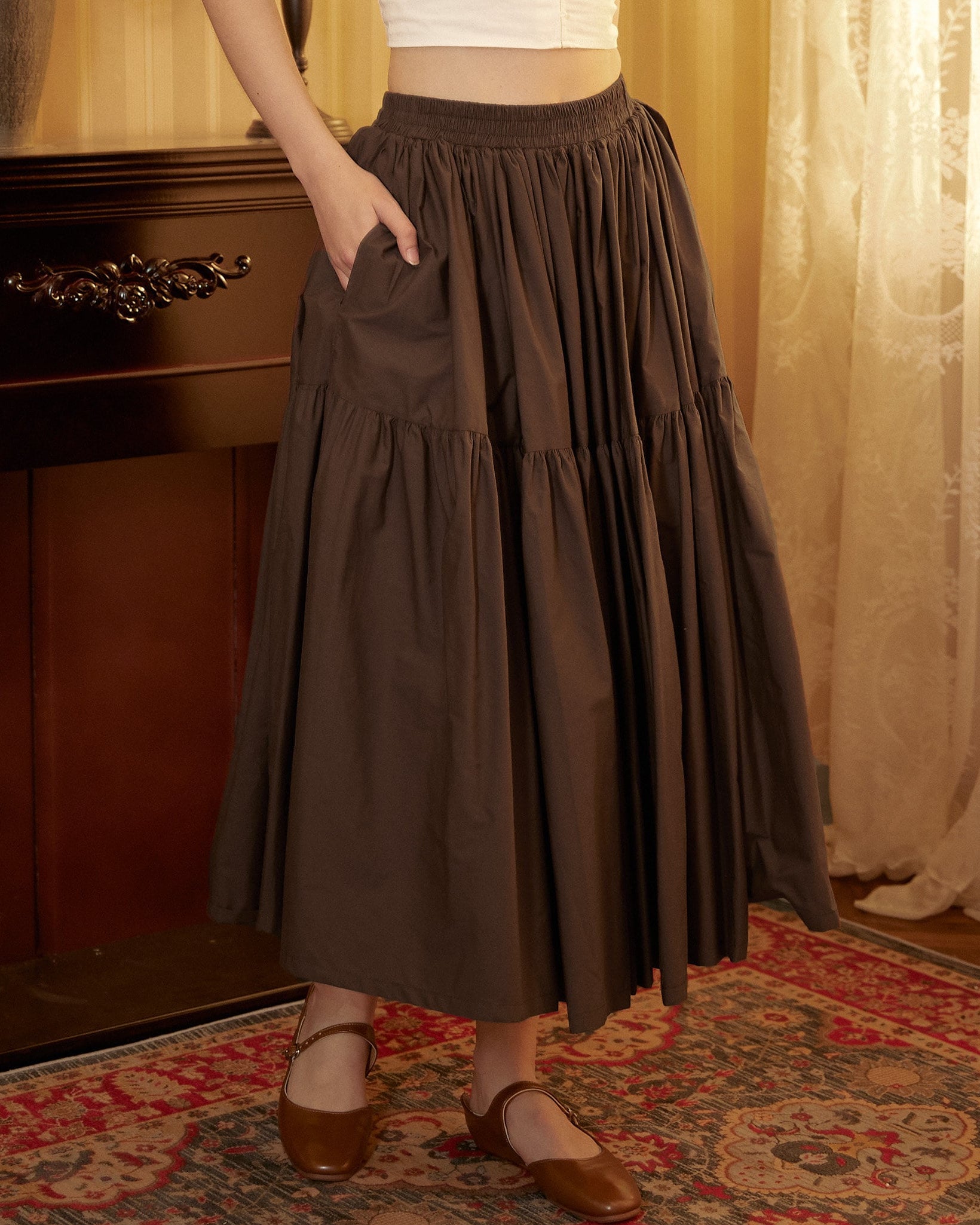 Brown Skirt Tiered Pocket Maxi Skirt Cotton Long Skirt Boho Pleated Skirt Flexible Waistband, Perfect for All Seasons