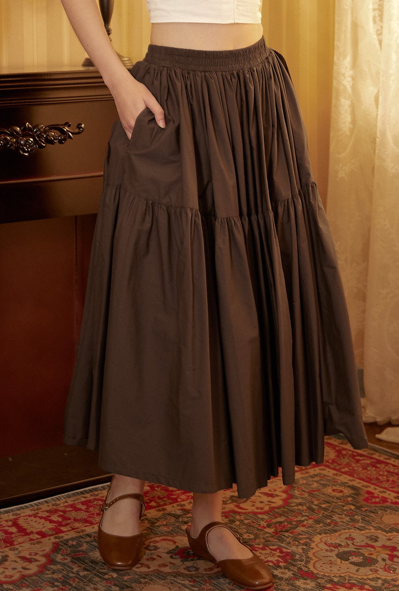 Brown Skirt Tiered Pocket Maxi Skirt Cotton Long Skirt Boho Pleated Skirt Flexible Waistband, Perfect for All Seasons
