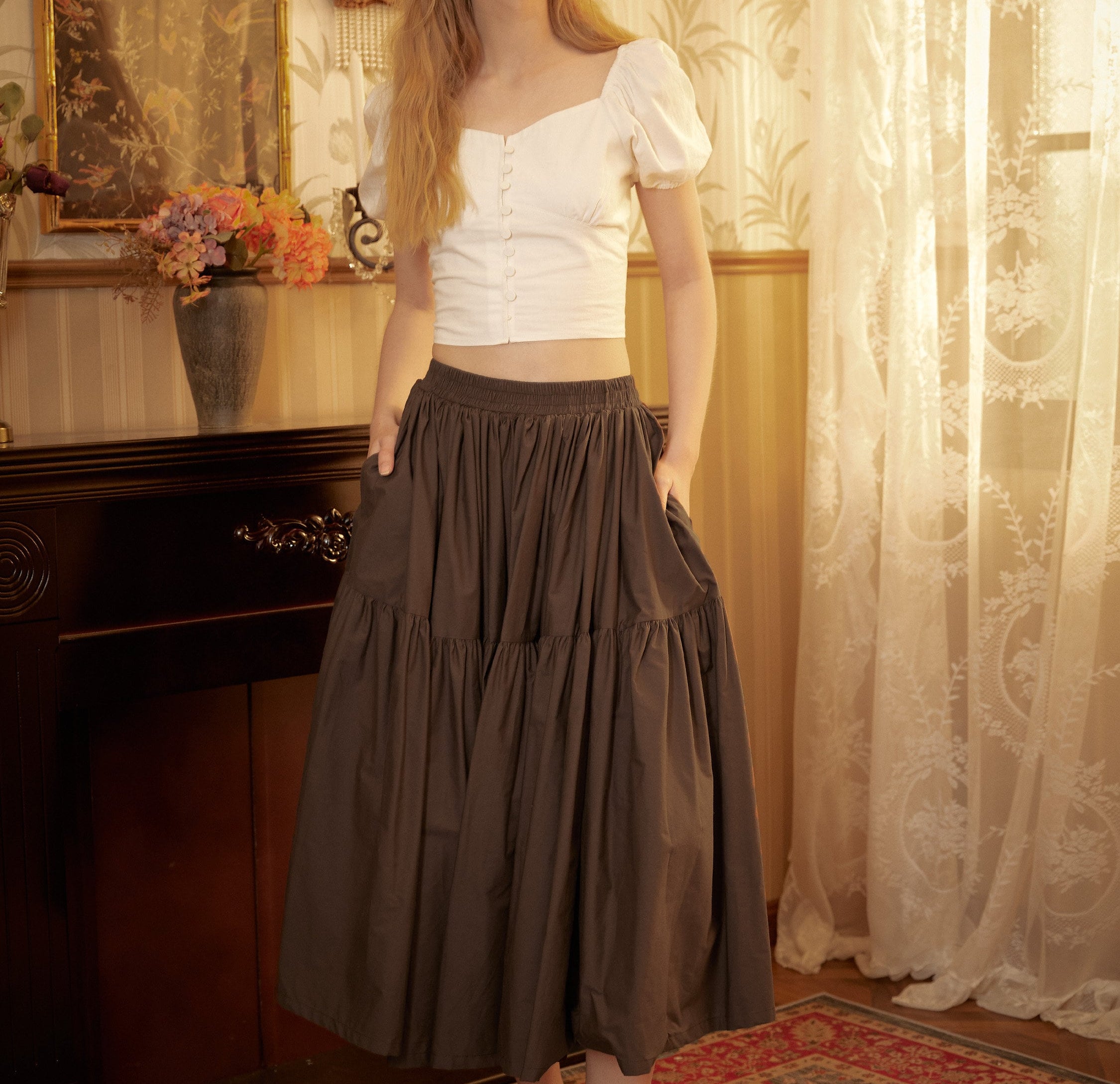 Brown Skirt Tiered Pocket Maxi Skirt Cotton Long Skirt Boho Pleated Skirt Flexible Waistband, Perfect for All Seasons