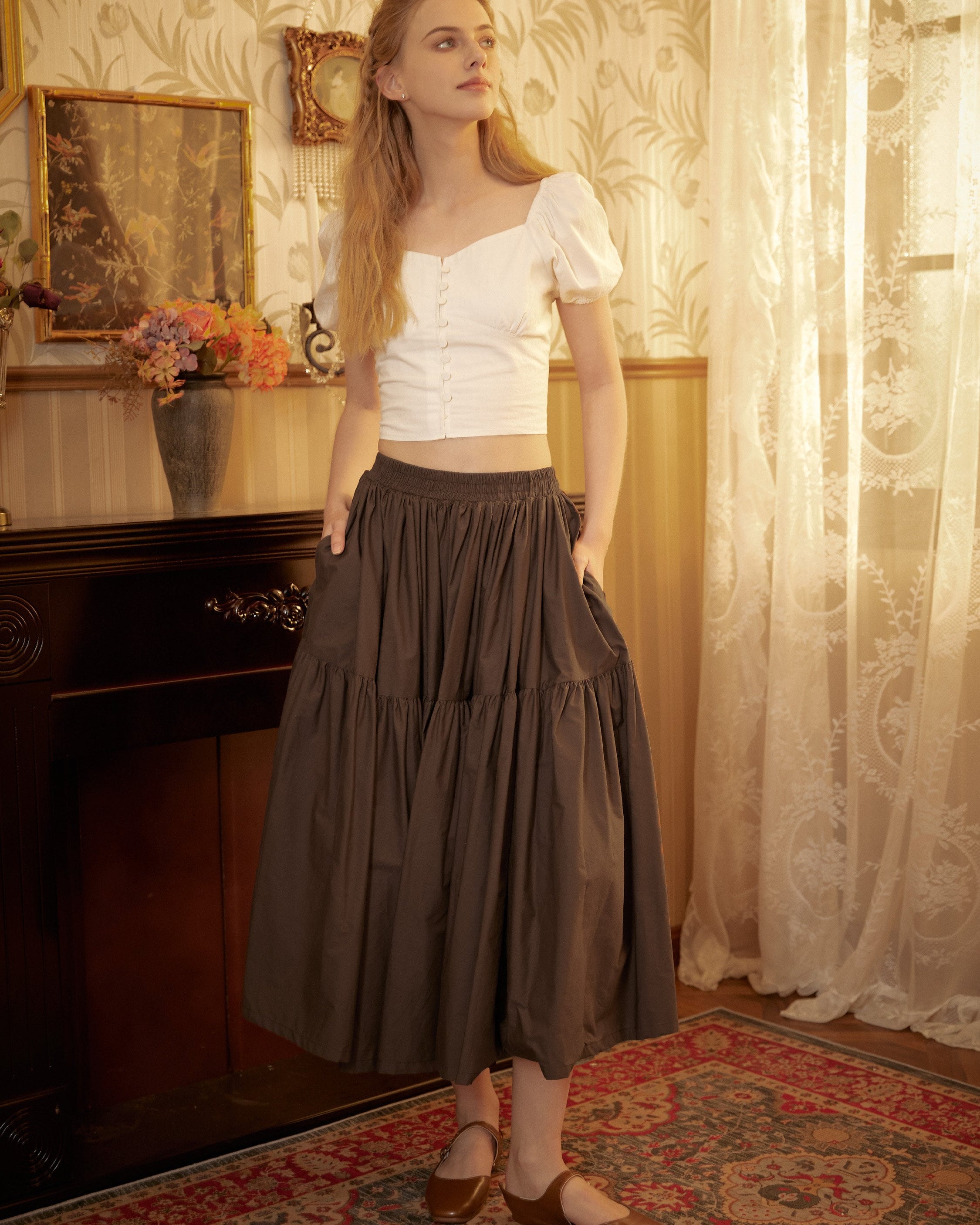 Brown Skirt Tiered Pocket Maxi Skirt Cotton Long Skirt Boho Pleated Skirt Flexible Waistband, Perfect for All Seasons