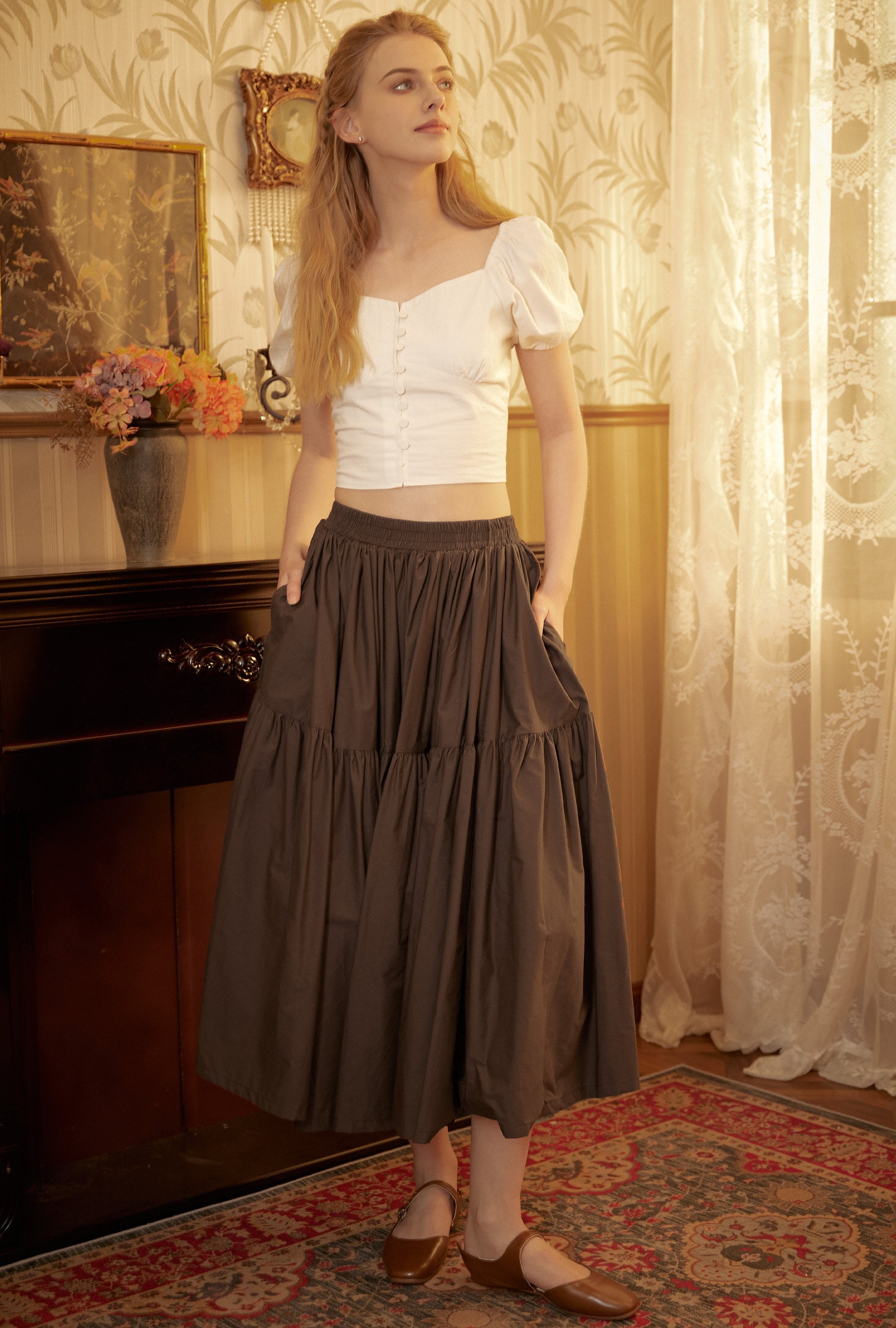 Brown Skirt Tiered Pocket Maxi Skirt Cotton Long Skirt Boho Pleated Skirt Flexible Waistband, Perfect for All Seasons