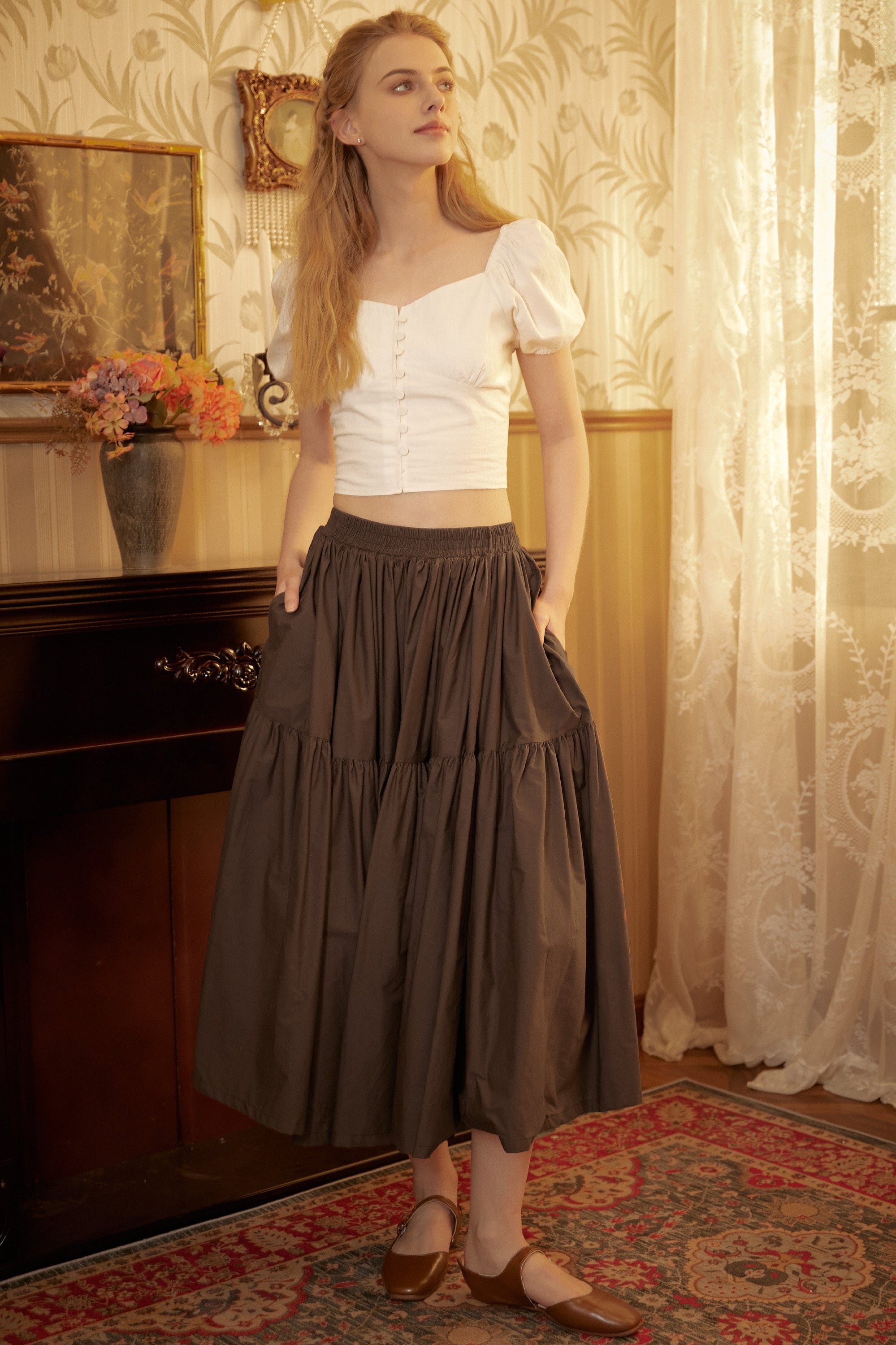 Brown Skirt Tiered Pocket Maxi Skirt Cotton Long Skirt Boho Pleated Skirt Flexible Waistband, Perfect for All Seasons