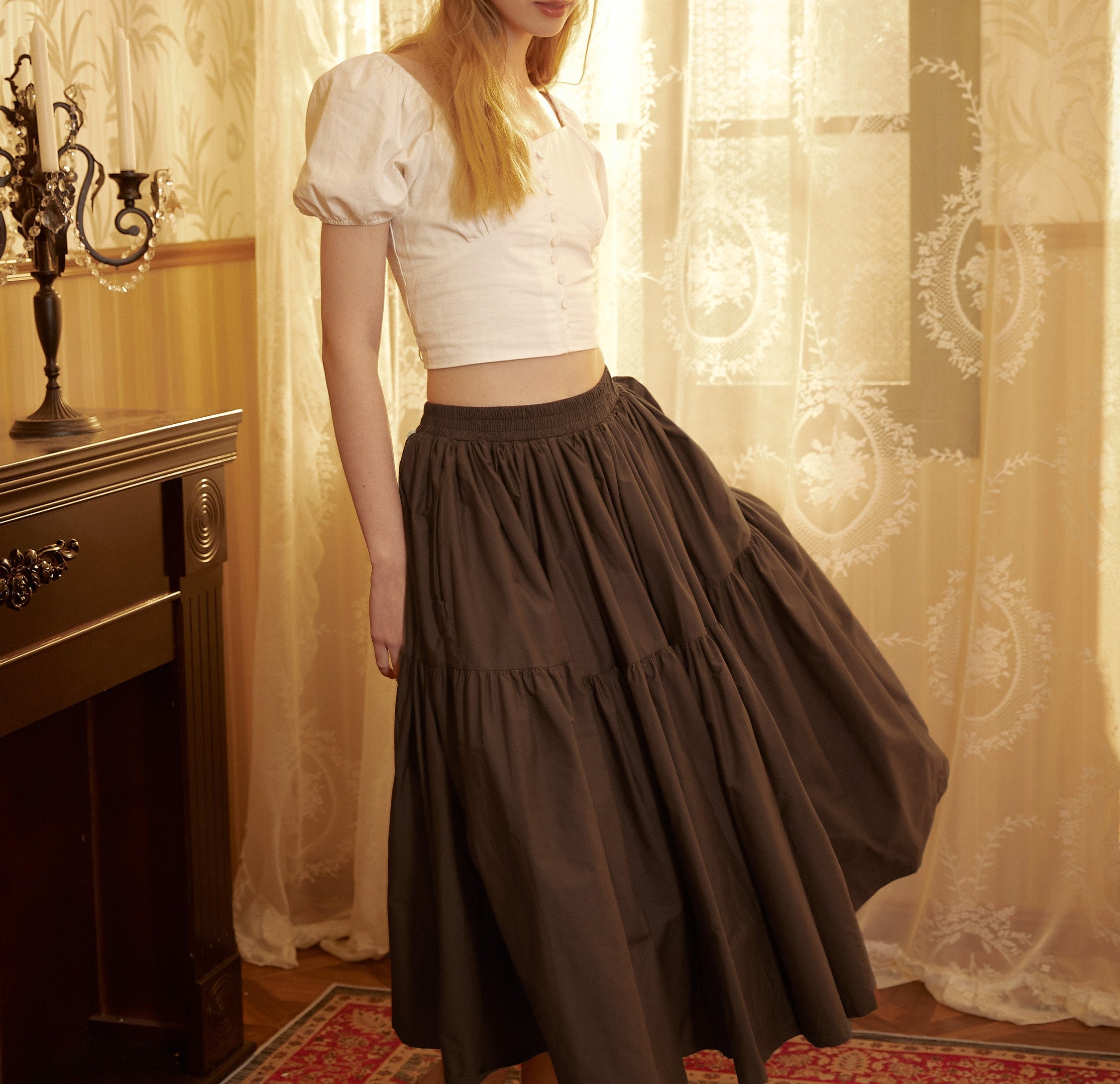 Brown Skirt Tiered Pocket Maxi Skirt Cotton Long Skirt Boho Pleated Skirt Flexible Waistband, Perfect for All Seasons