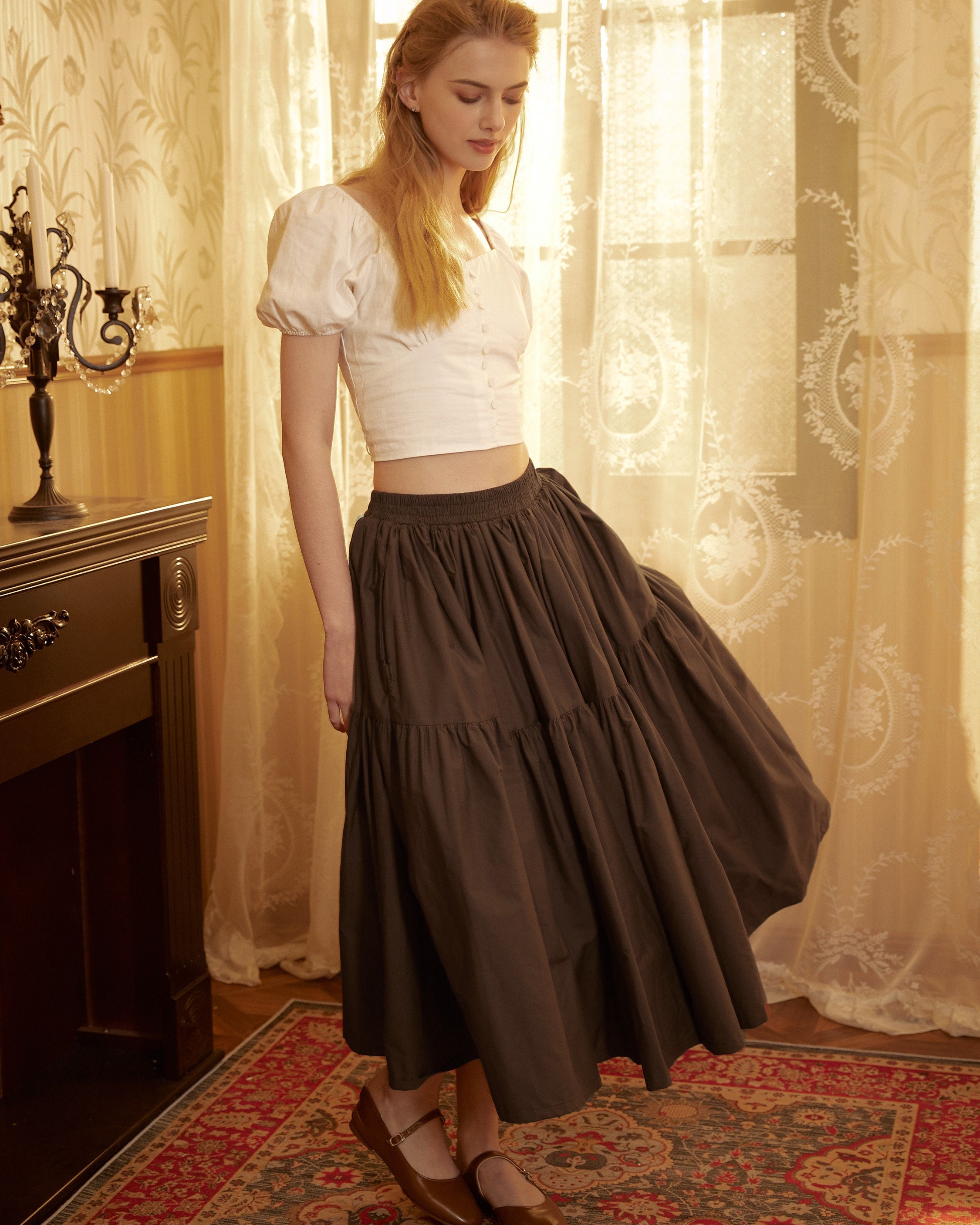 Brown Skirt Tiered Pocket Maxi Skirt Cotton Long Skirt Boho Pleated Skirt Flexible Waistband, Perfect for All Seasons