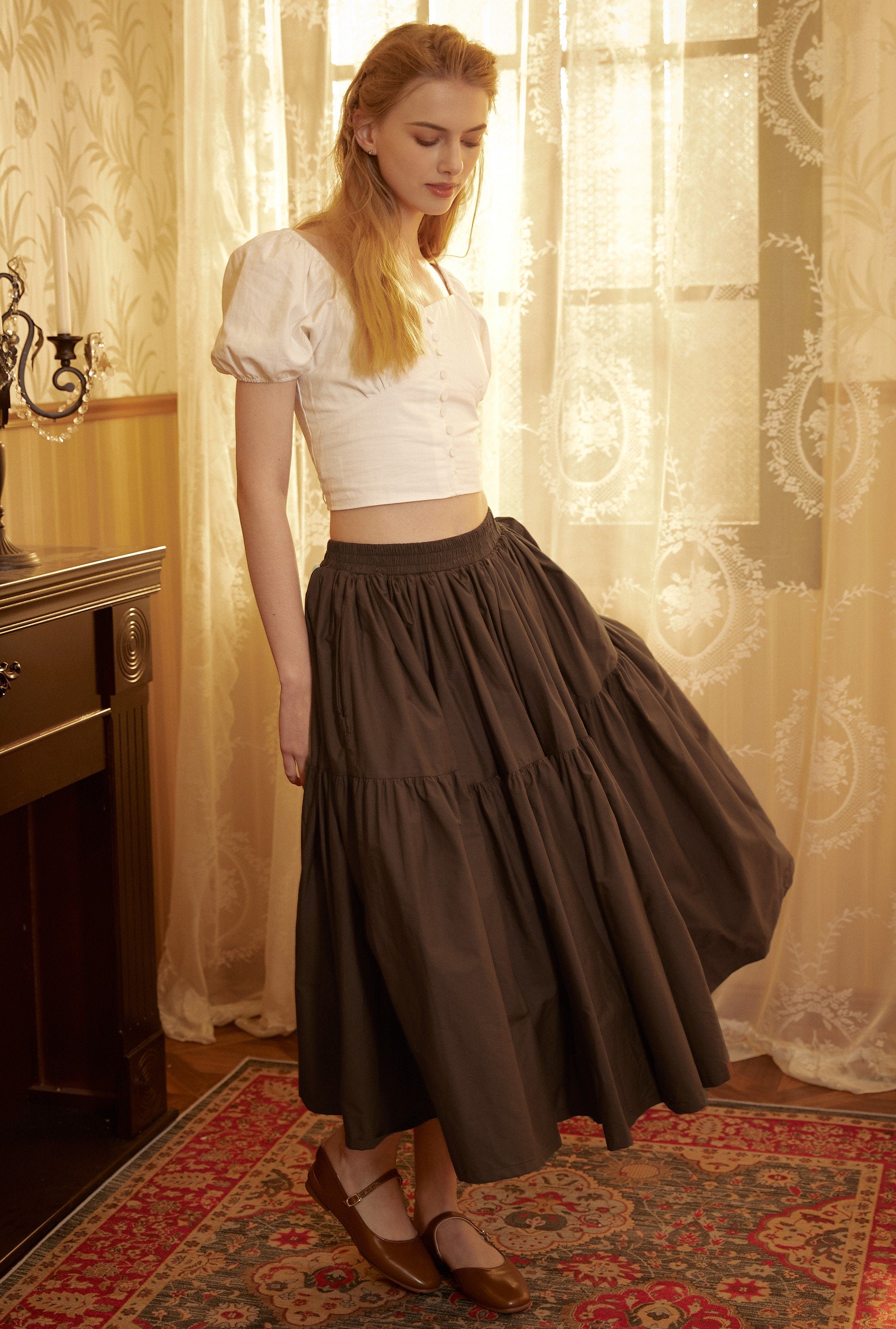 Brown Skirt Tiered Pocket Maxi Skirt Cotton Long Skirt Boho Pleated Skirt Flexible Waistband, Perfect for All Seasons