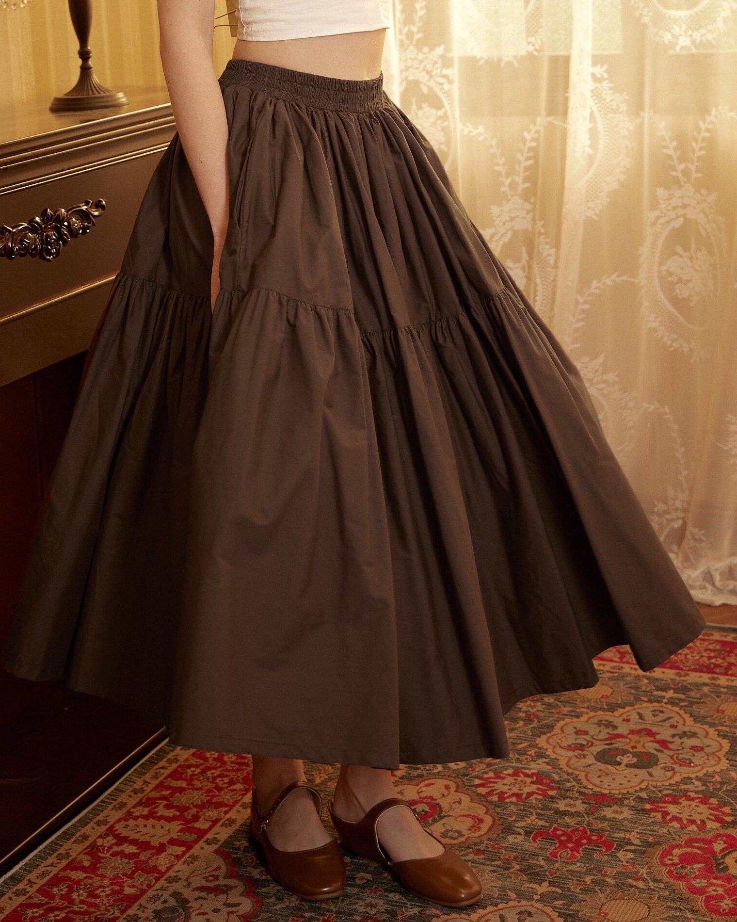 Brown Skirt Tiered Pocket Maxi Skirt Cotton Long Skirt Boho Pleated Skirt Flexible Waistband, Perfect for All Seasons