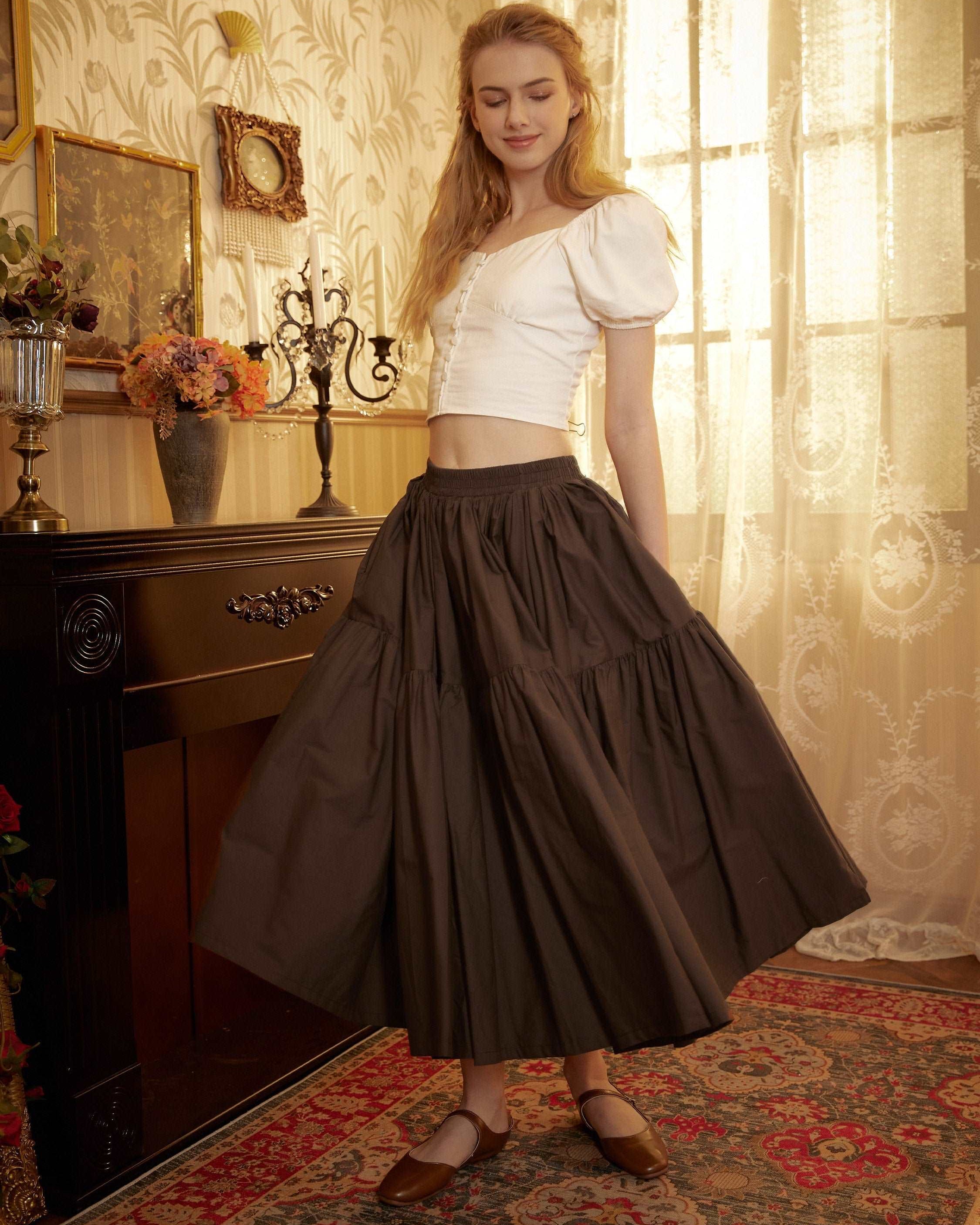 Tiered Pocket Maxi Skirt Cotton White Skirt Long Boho Pleated Skirt Flexible Waistband Versatile and Flattering, Perfect for All Seasons