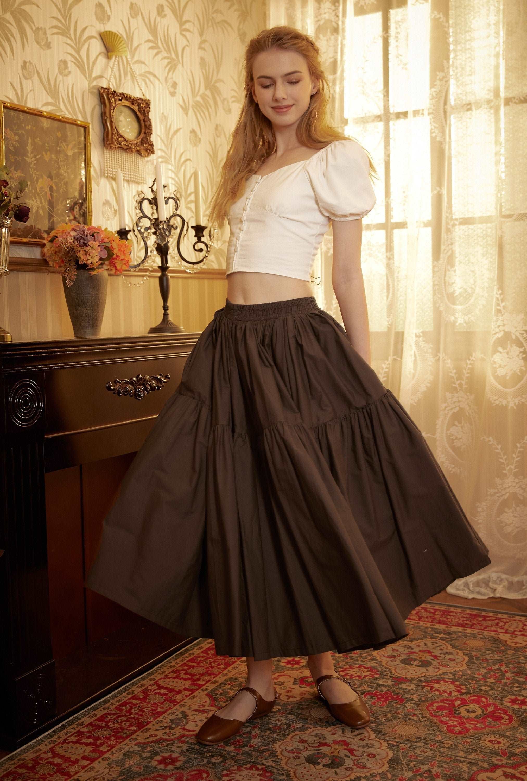 Tiered Pocket Maxi Skirt Cotton White Skirt Long Boho Pleated Skirt Flexible Waistband Versatile and Flattering, Perfect for All Seasons