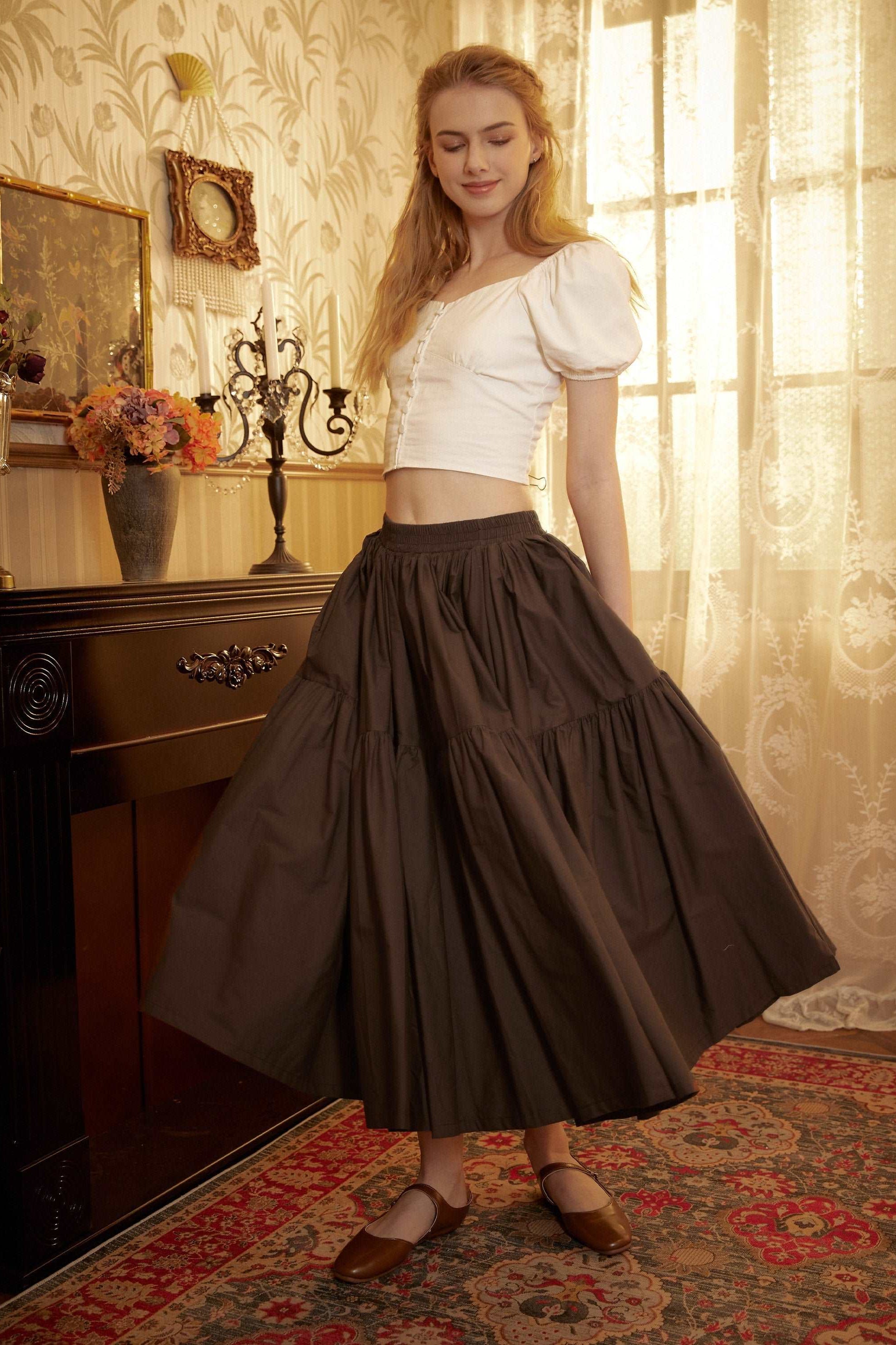 Tiered Pocket Maxi Skirt Cotton White Skirt Long Boho Pleated Skirt Flexible Waistband Versatile and Flattering, Perfect for All Seasons