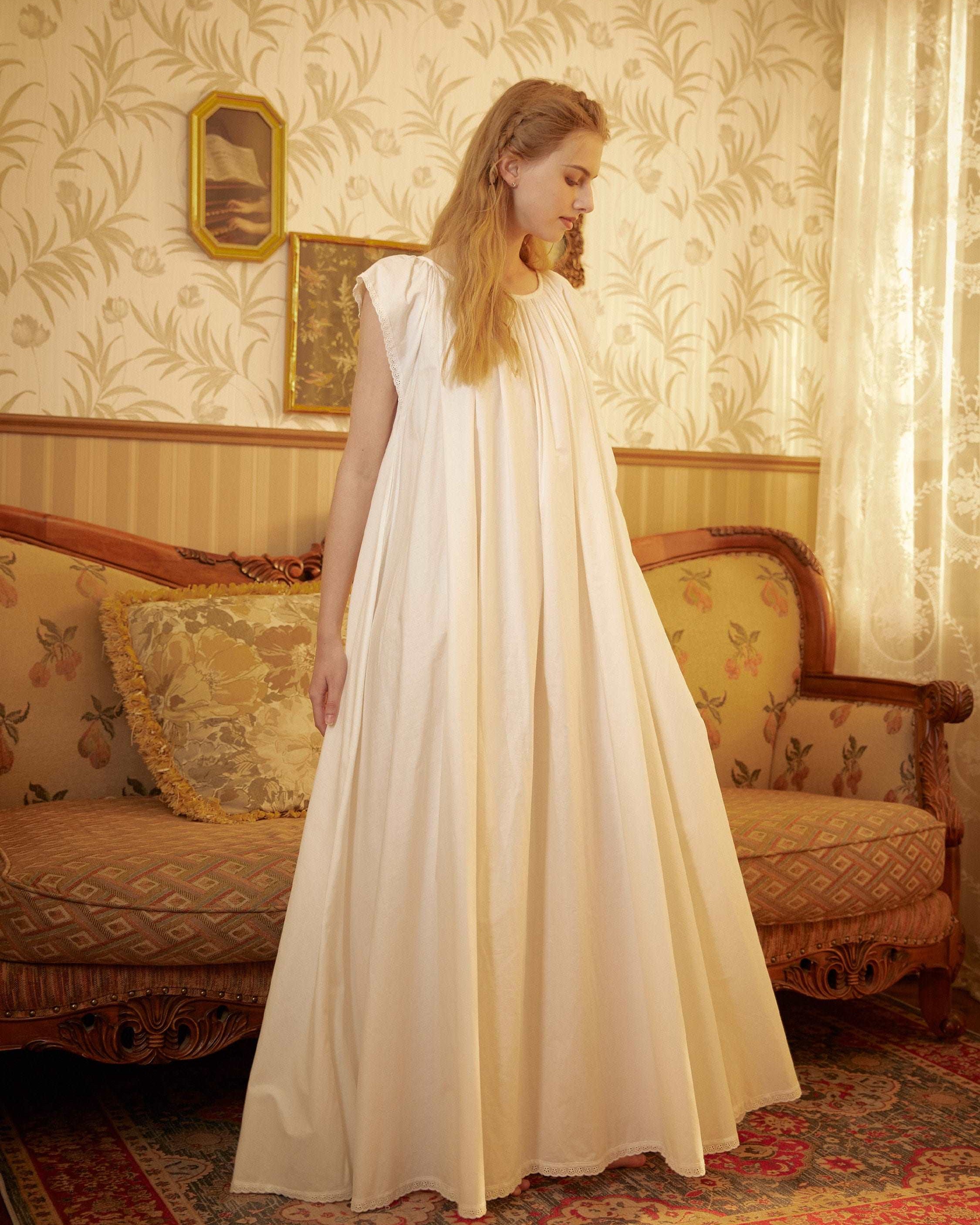 Nightgown Cotton Victorian Nightgown Plus Size White Long Sleepwear Nachthemd Floor Length