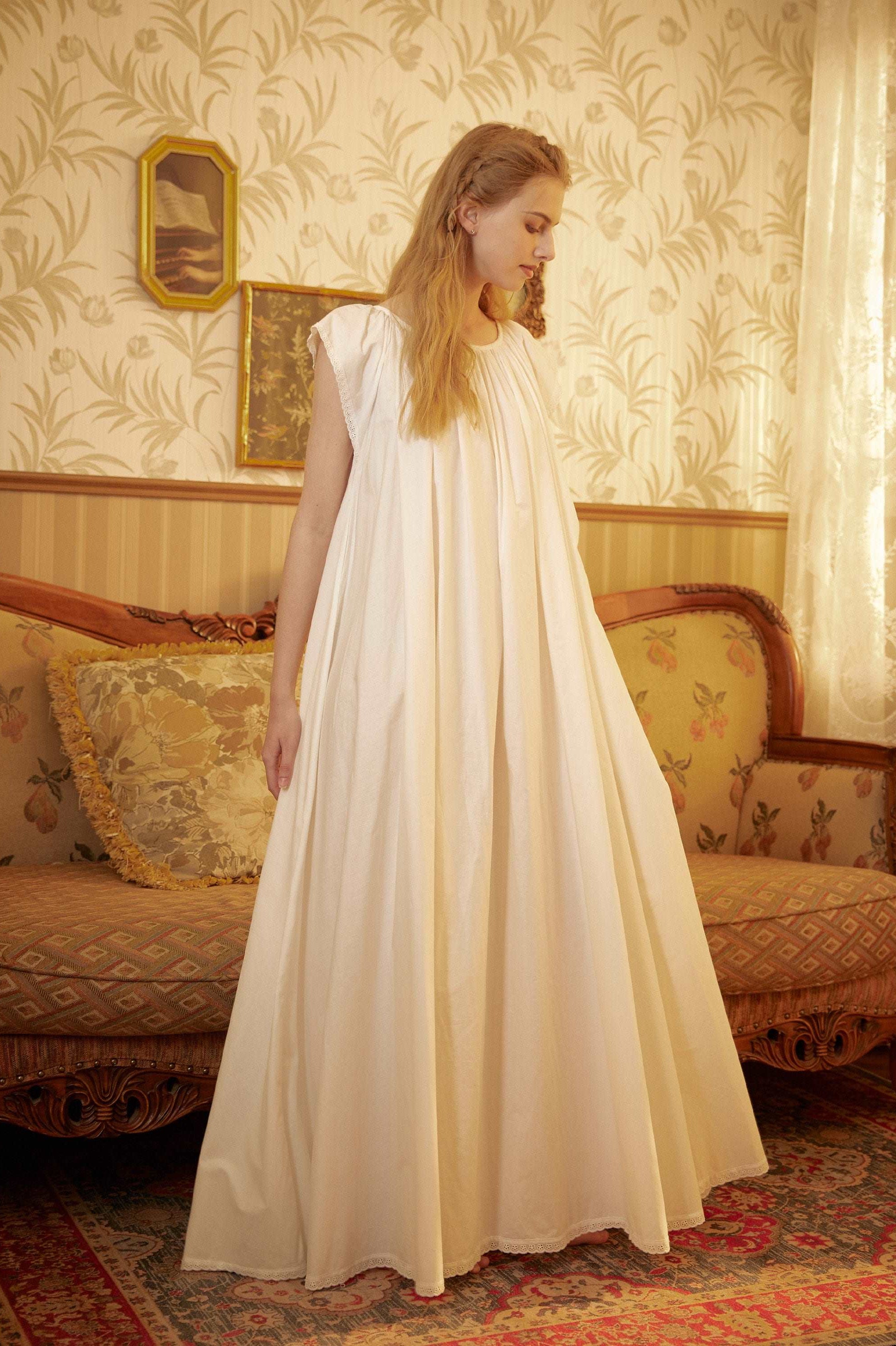 Nightgown Cotton Victorian Nightgown Plus Size White Long Sleepwear Nachthemd Floor Length