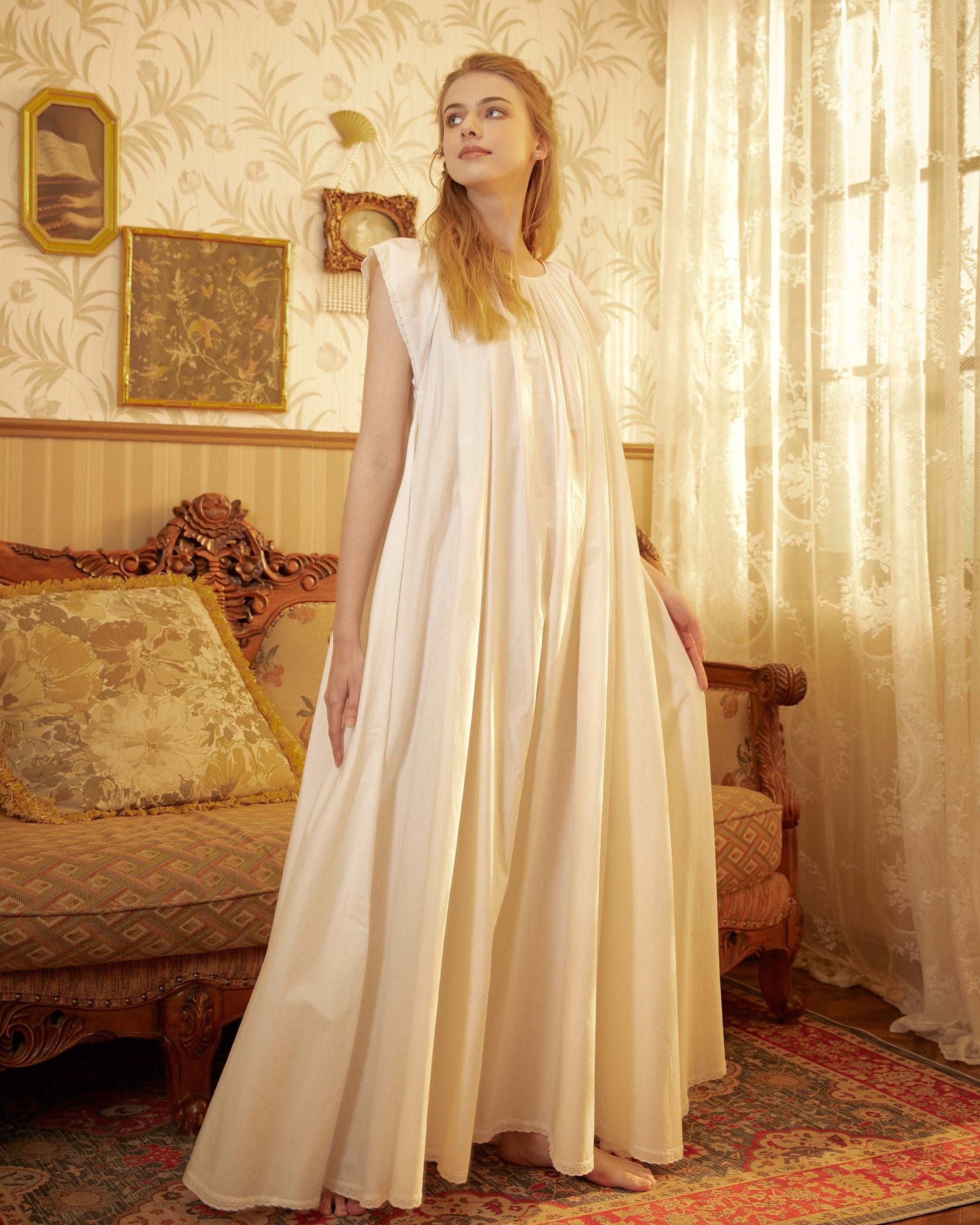 Nightgown Cotton Victorian Nightgown Plus Size White Long Sleepwear Nachthemd Floor Length