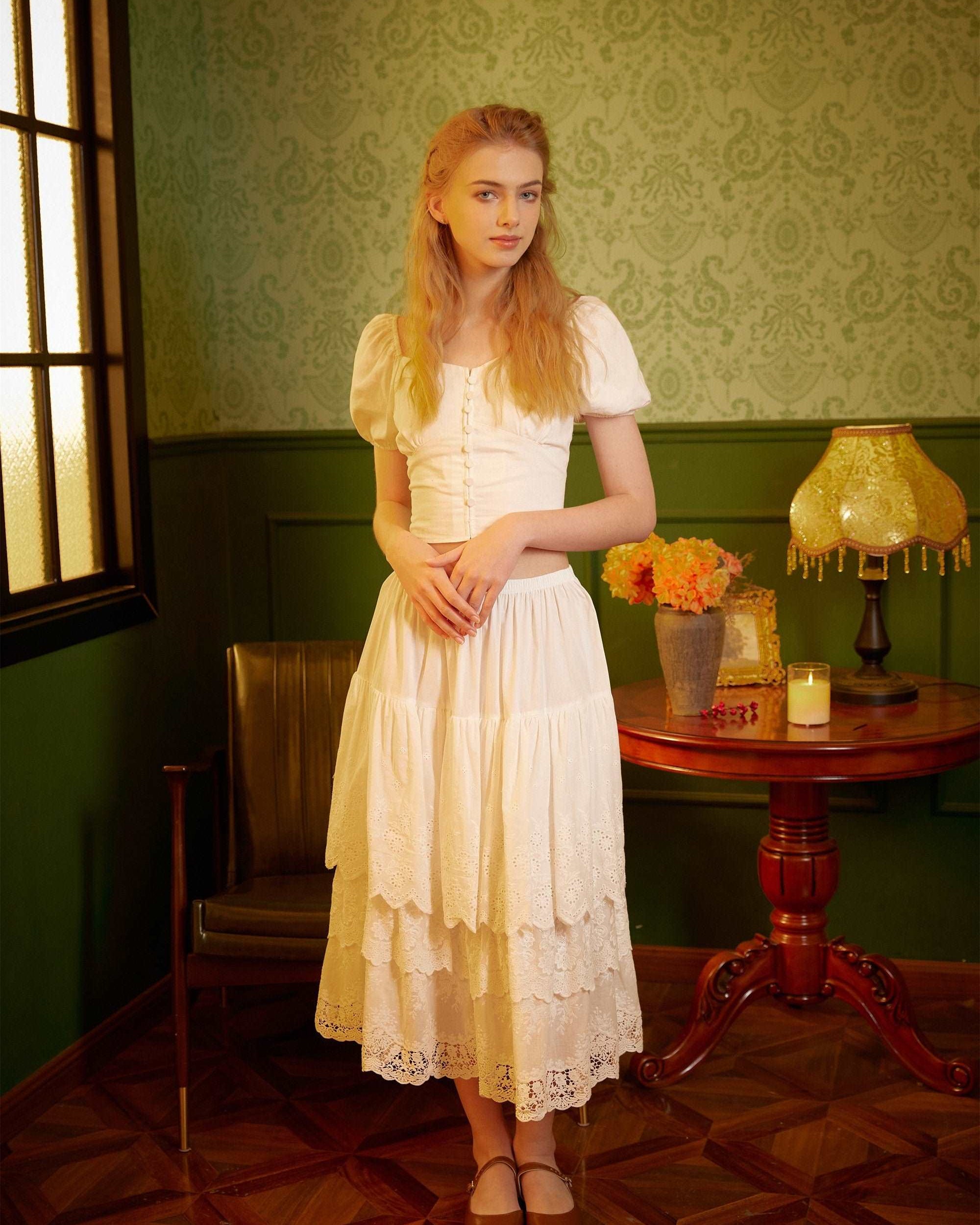 Half Slip Cotton Skirt Extender Tiered Lace Hem Underskirt Elastic waistband Romantic floral lace Petticoat Calf Length Skirt Ivory/Cream