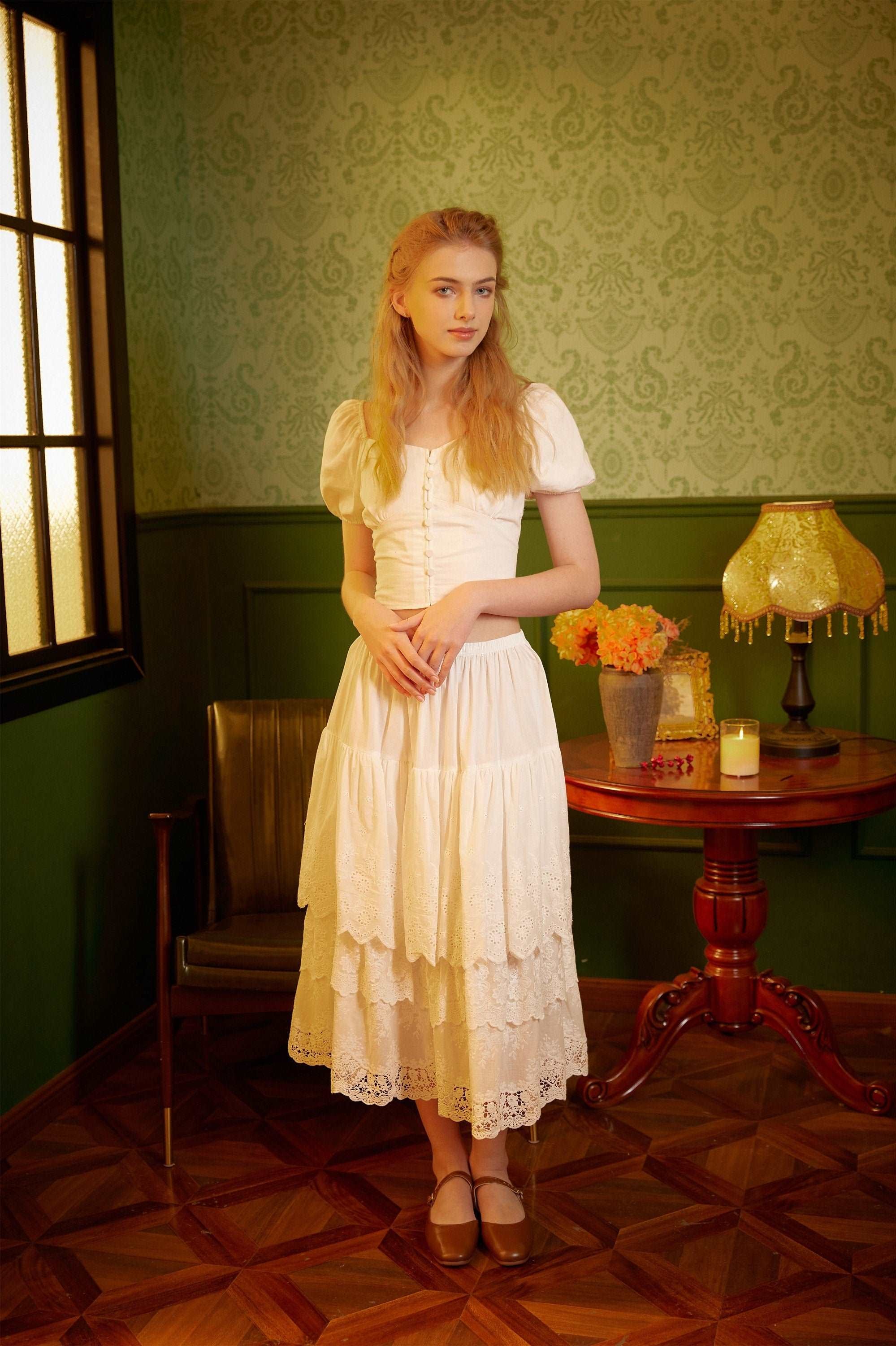 Half Slip Cotton Skirt Extender Tiered Lace Hem Underskirt Elastic waistband Romantic floral lace Petticoat Calf Length Skirt Ivory/Cream