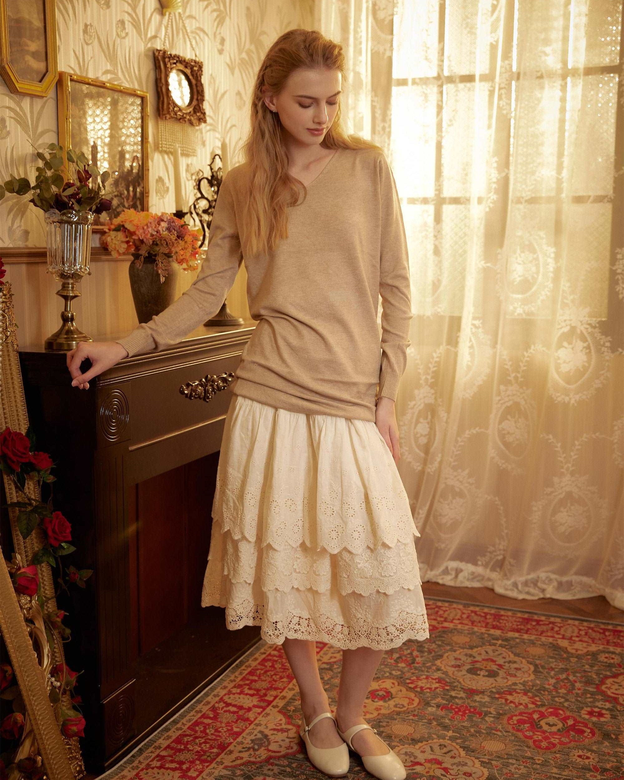 Half Slip Cotton Skirt Extender Tiered Lace Hem Underskirt Elastic waistband Romantic floral lace Petticoat Calf Length Skirt Ivory/Cream