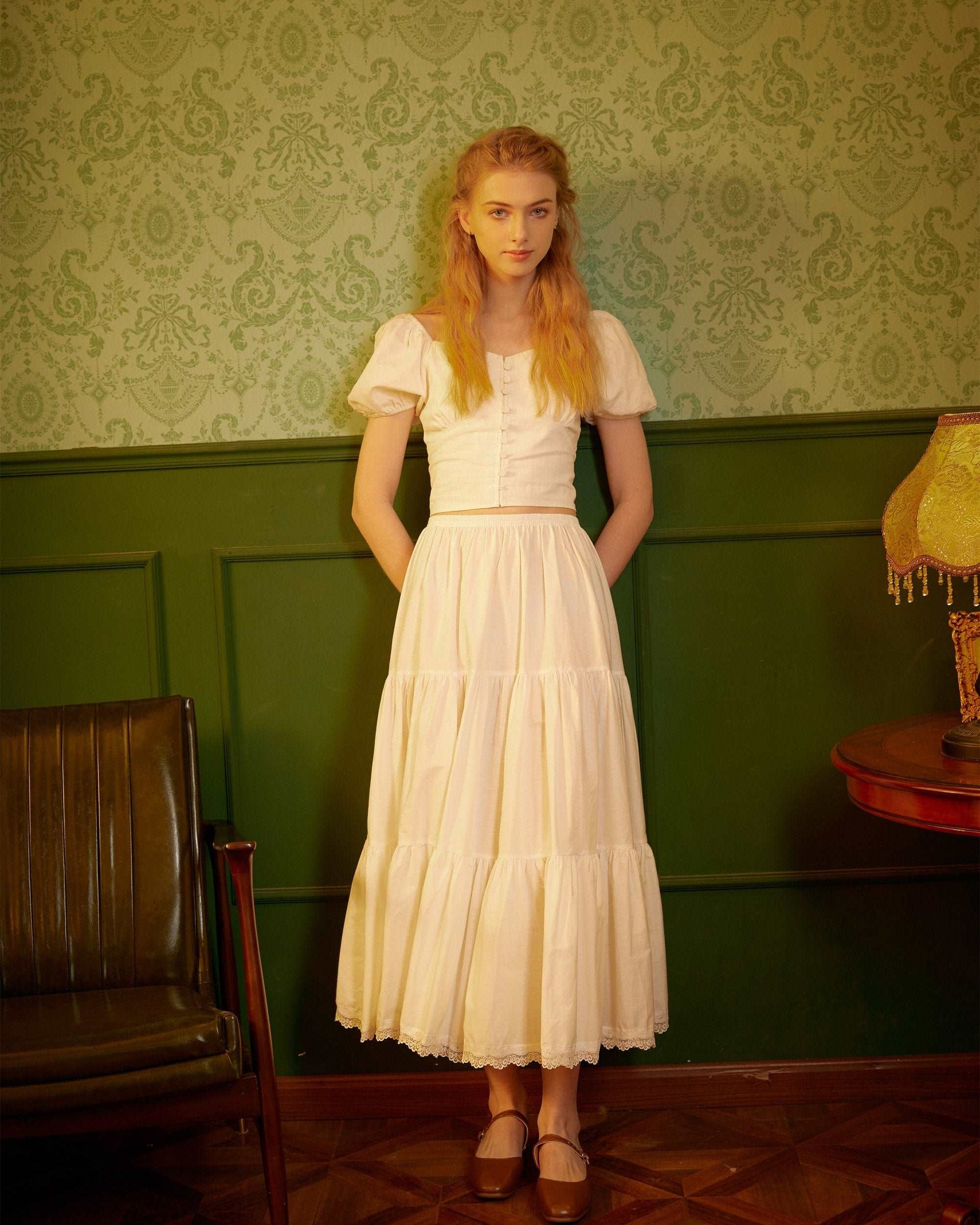 Petticoat Half Slip Cotton Woman Skirt Extender Crinoline Edged Lace A-line underskirt with Elastic waistband in three lengths Ivory