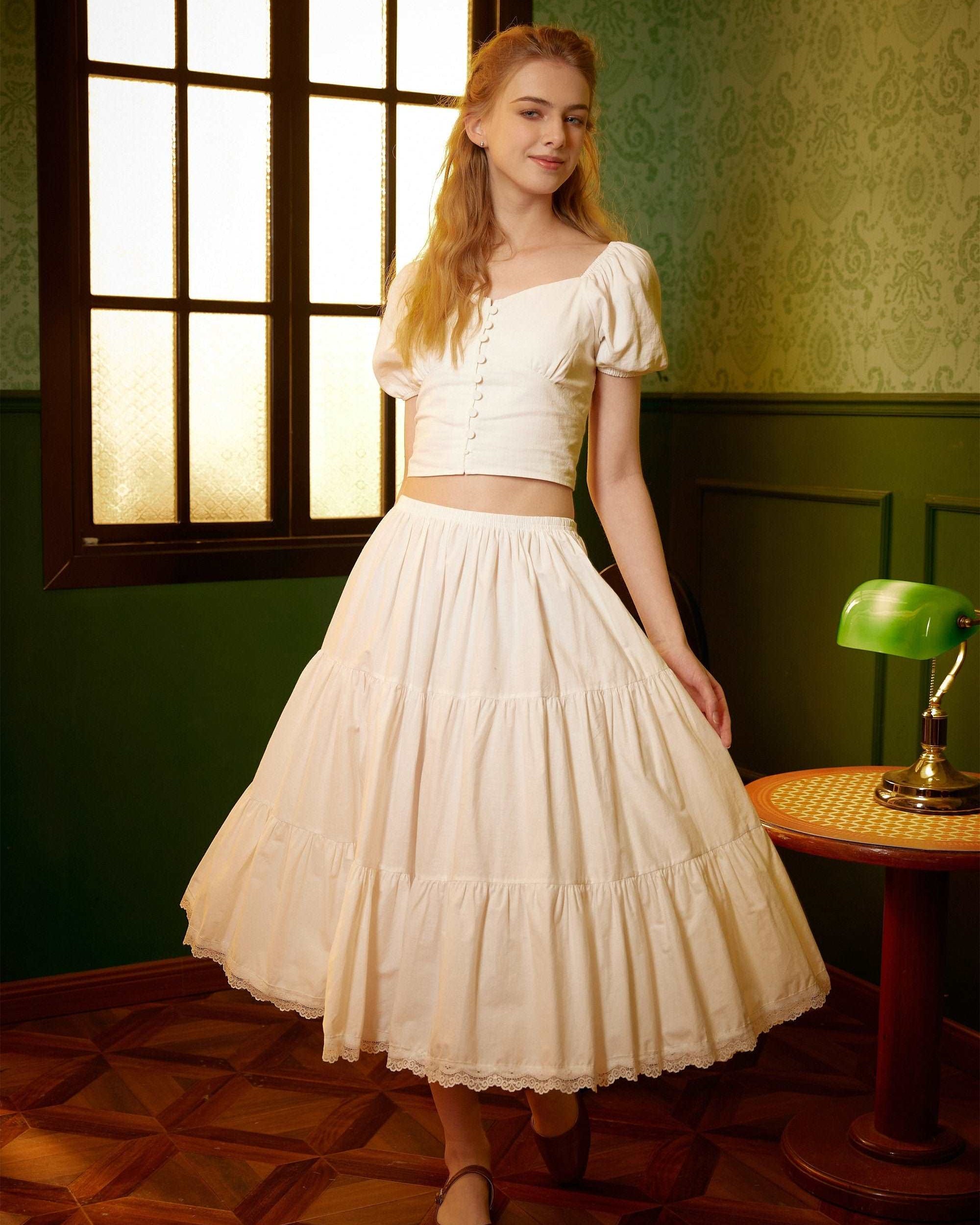 Petticoat Half Slip Cotton Woman Skirt Extender Crinoline Edged Lace A-line underskirt with Elastic waistband in three lengths Ivory