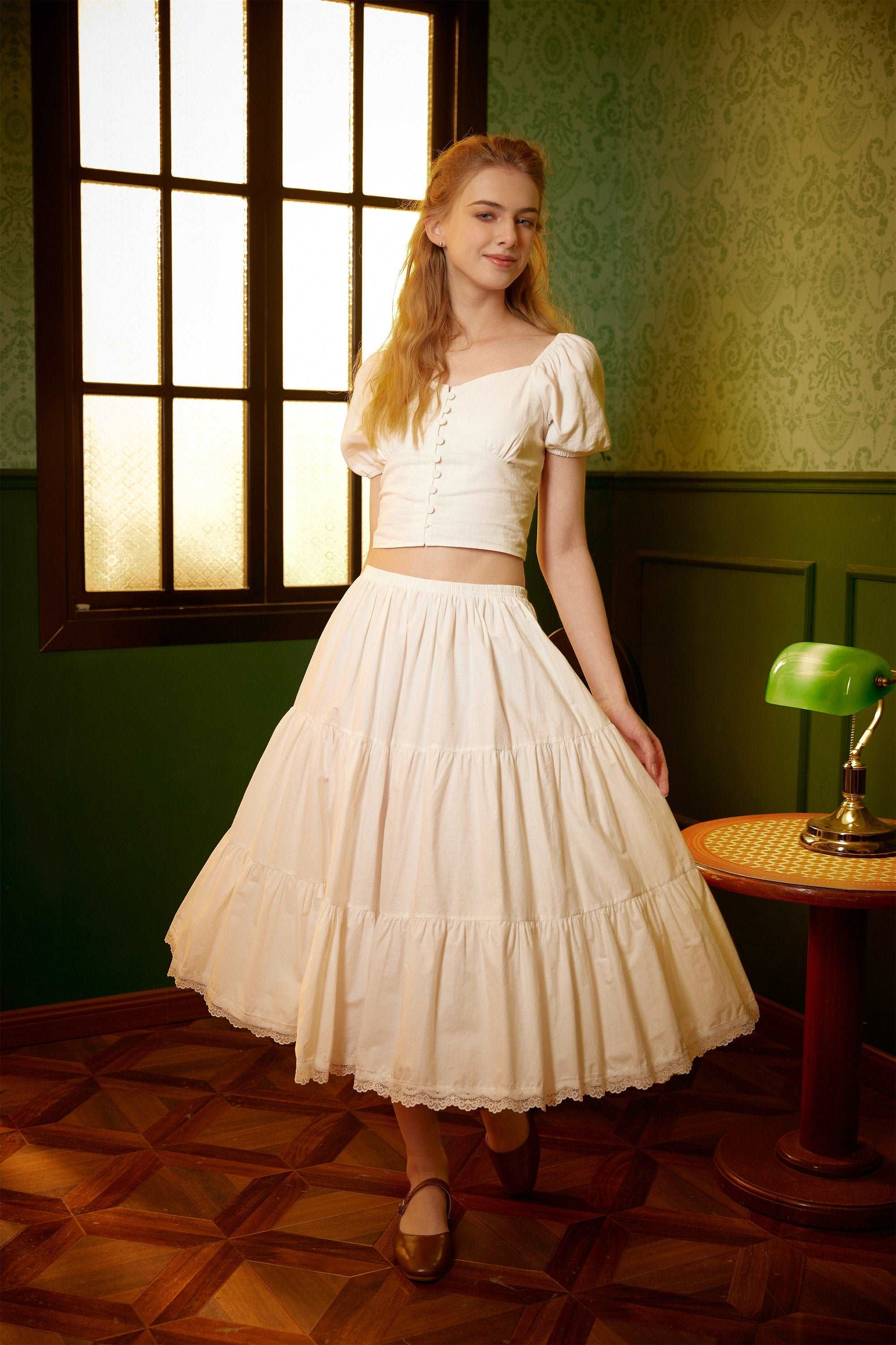 Petticoat Half Slip Cotton Woman Skirt Extender Crinoline Edged Lace A-line underskirt with Elastic waistband in three lengths Ivory