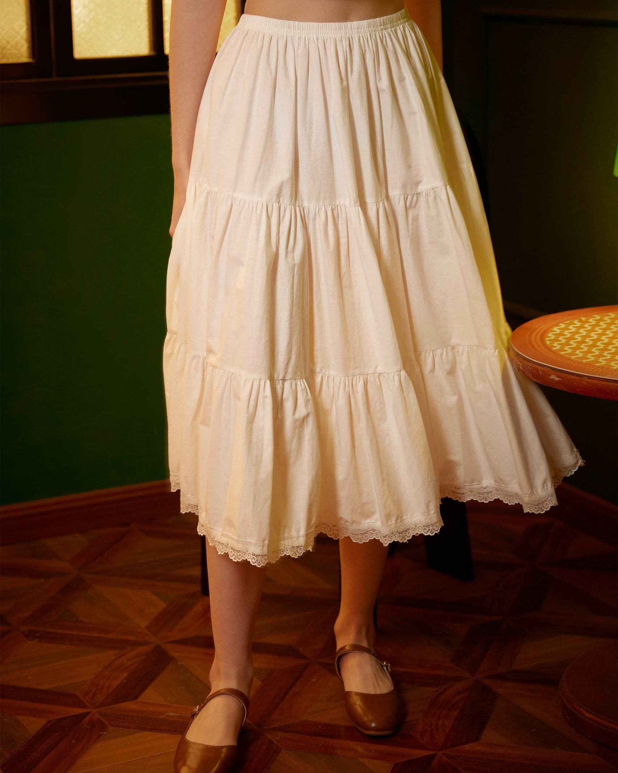 Petticoat Half Slip Cotton Woman Skirt Extender Edged Lace A-line underskirt with Elastic waistband in three lengths Ivory