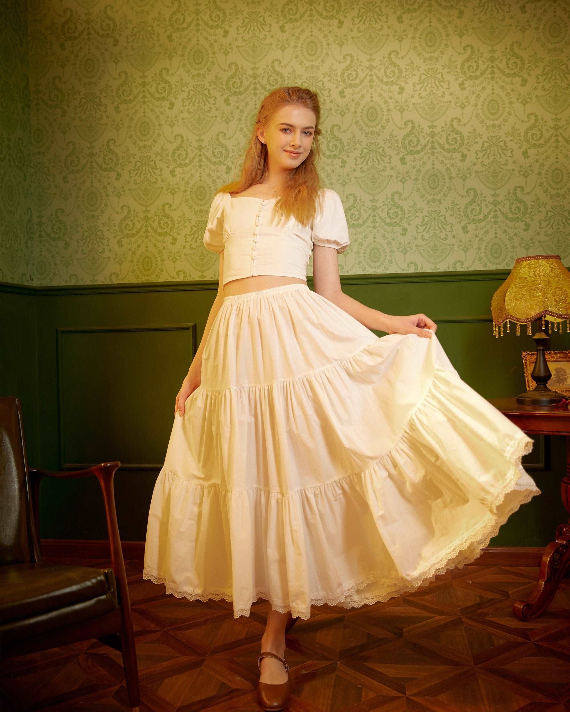 Petticoat Half Slip Cotton Woman Skirt Extender Edged Lace A-line underskirt with Elastic waistband in three lengths Ivory