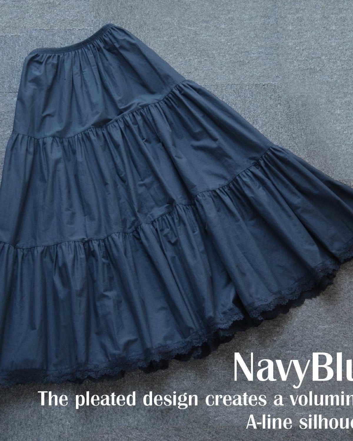 Petticoat Half Slip Cotton Woman Skirt Extender Crinoline Edged Lace A-line underskirt with Elastic waistband in three lengths Navy Blue