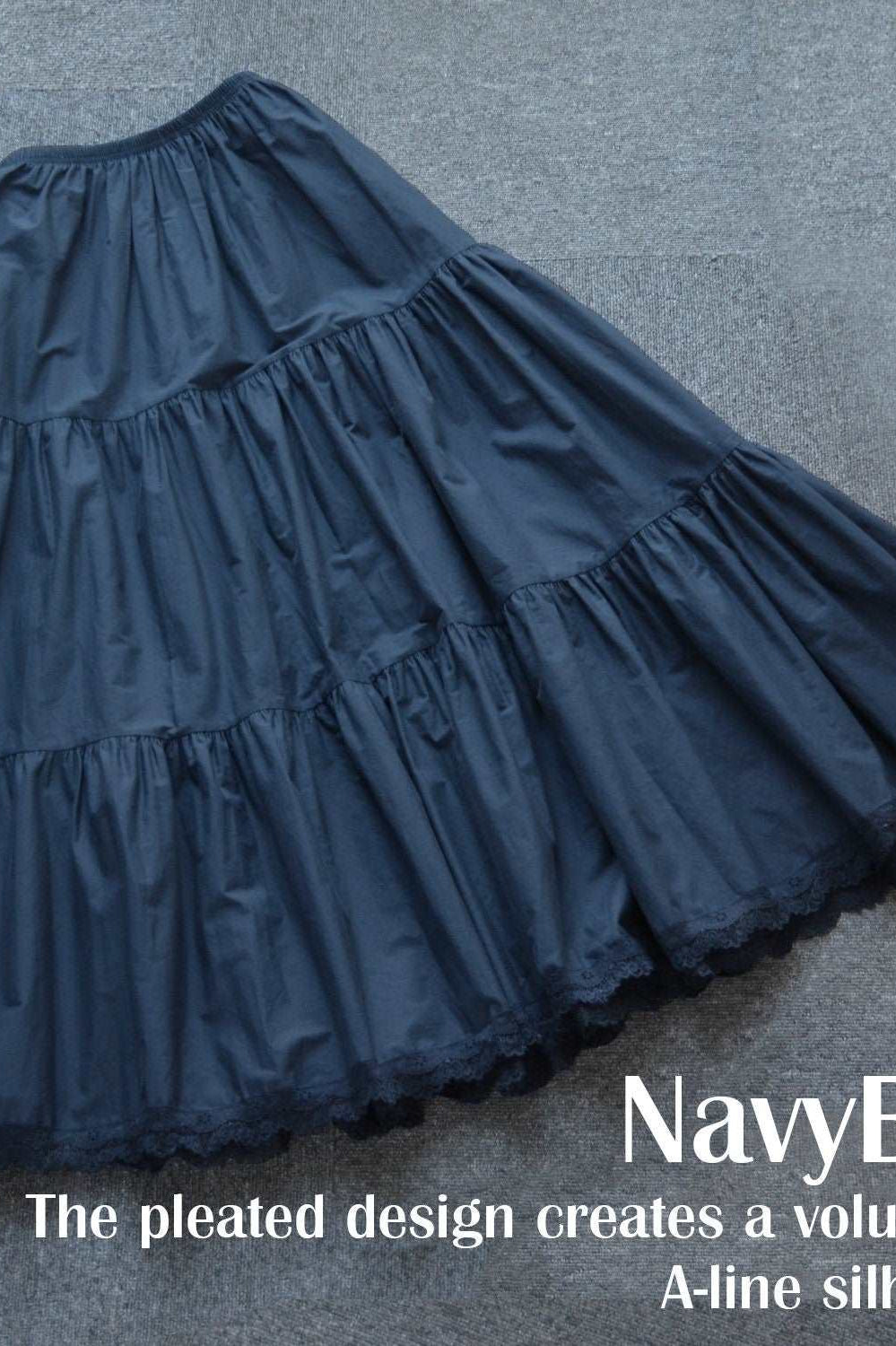 Petticoat Half Slip Cotton Woman Skirt Extender Crinoline Edged Lace A-line underskirt with Elastic waistband in three lengths Navy Blue