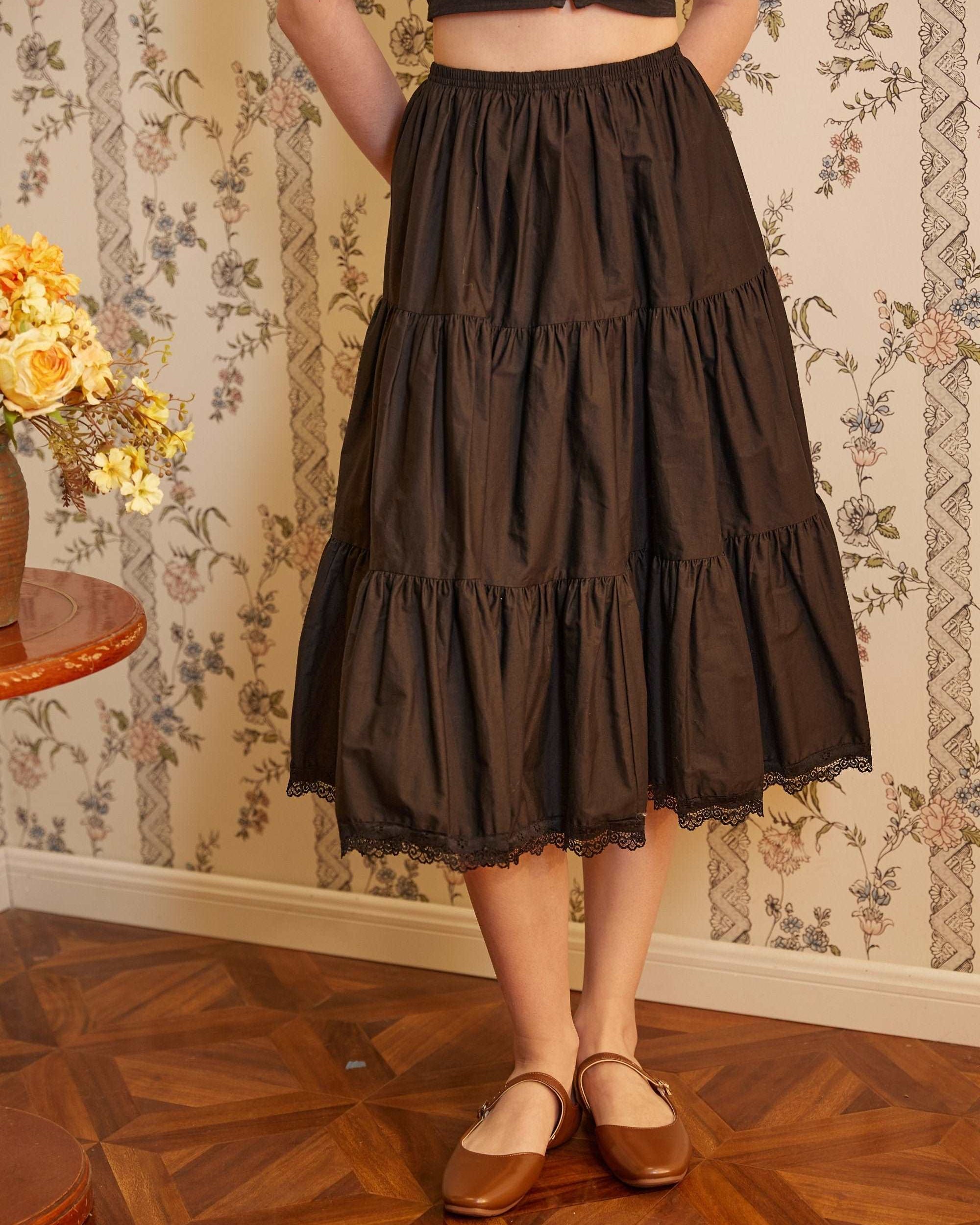 Petticoat Half Slip Cotton Woman Skirt Extender Crinoline Edged Lace A-line underskirt with Elastic waistband in three lengths Black