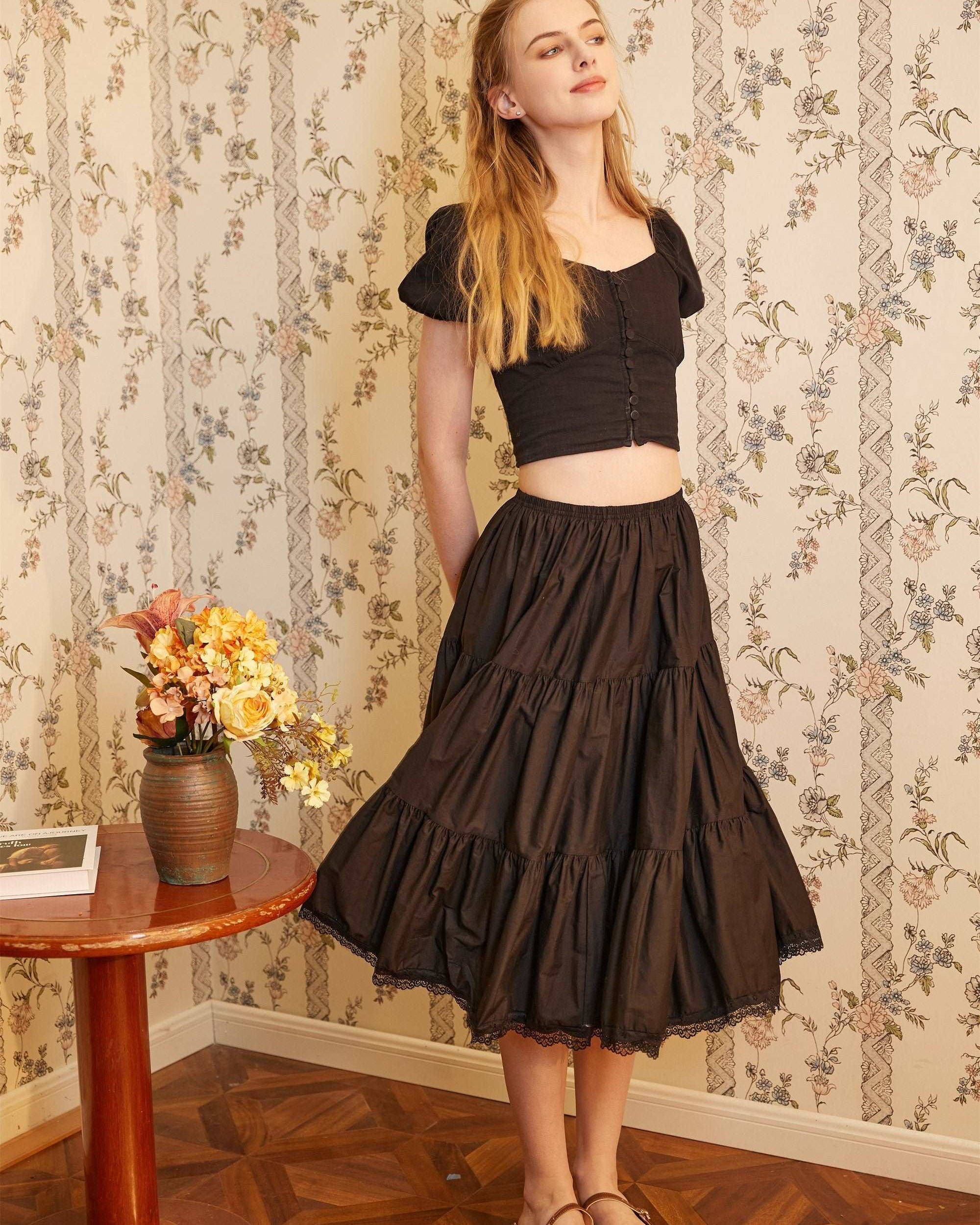 Petticoat Half Slip Cotton Woman Skirt Extender Crinoline Edged Lace A-line underskirt with Elastic waistband in three lengths Black