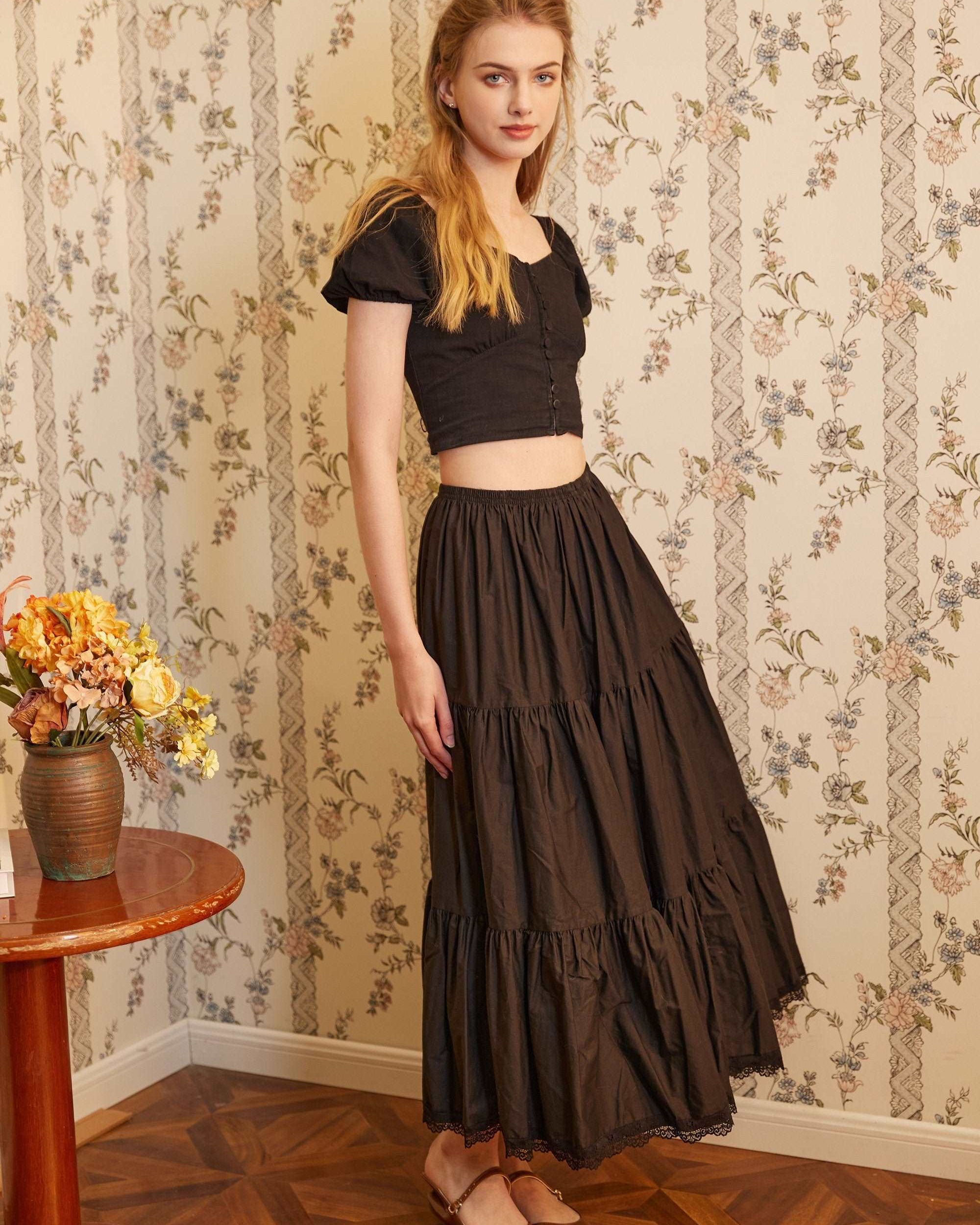 Petticoat Half Slip Cotton Woman Skirt Extender Crinoline Edged Lace A-line underskirt with Elastic waistband in three lengths Black