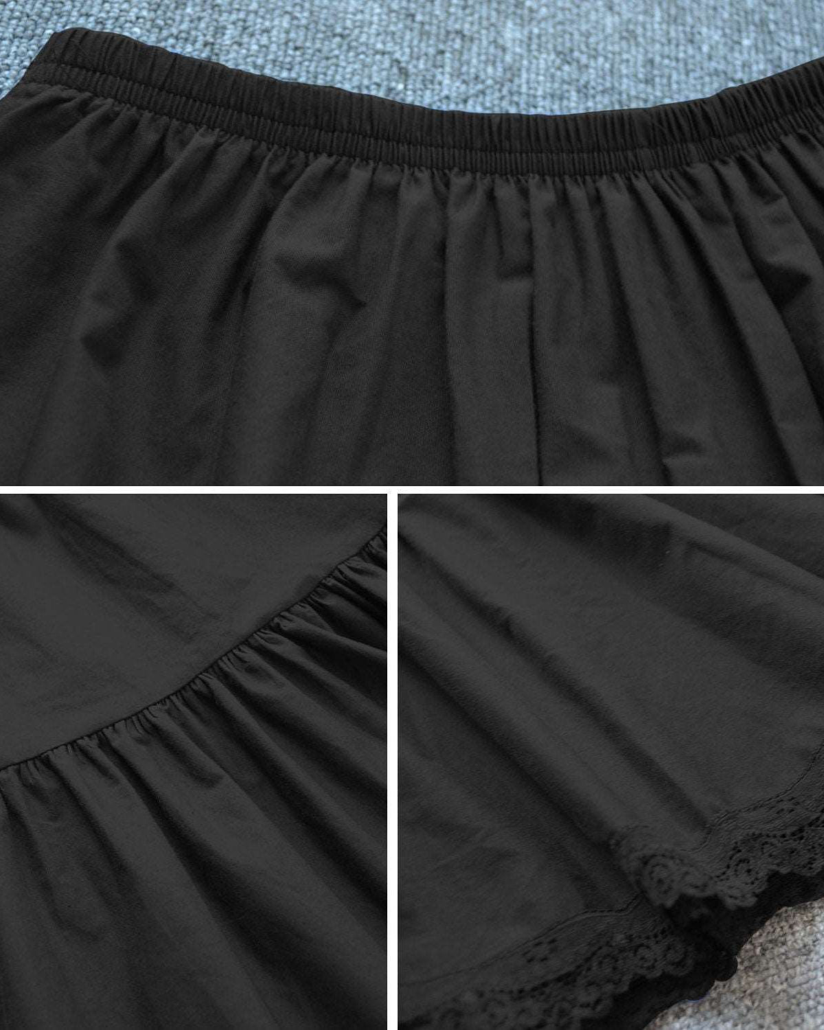 Petticoat Half Slip Cotton Woman Skirt Extender Crinoline Edged Lace A-line underskirt with Elastic waistband in three lengths Black