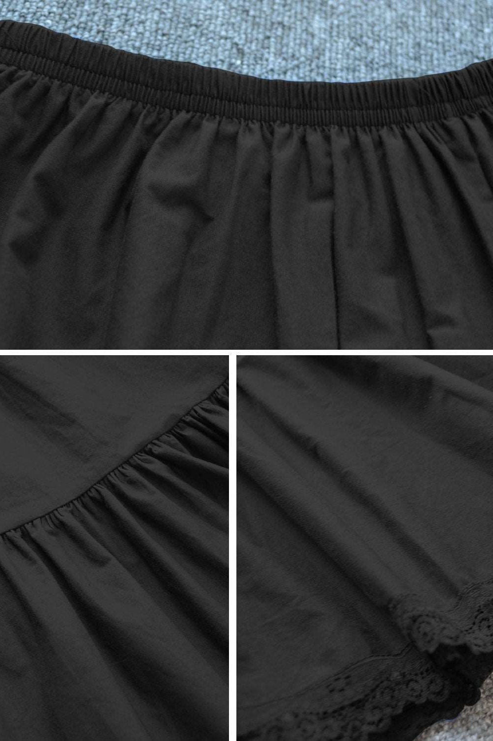 Petticoat Half Slip Cotton Woman Skirt Extender Crinoline Edged Lace A-line underskirt with Elastic waistband in three lengths Black