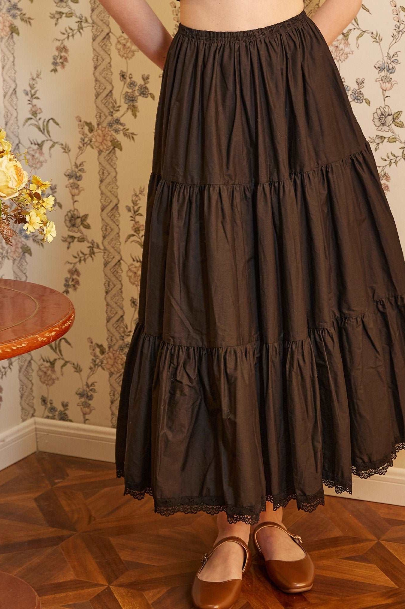 Petticoat Half Slip Cotton Woman Skirt Extender Crinoline Edged Lace A-line underskirt with Elastic waistband in three lengths Black