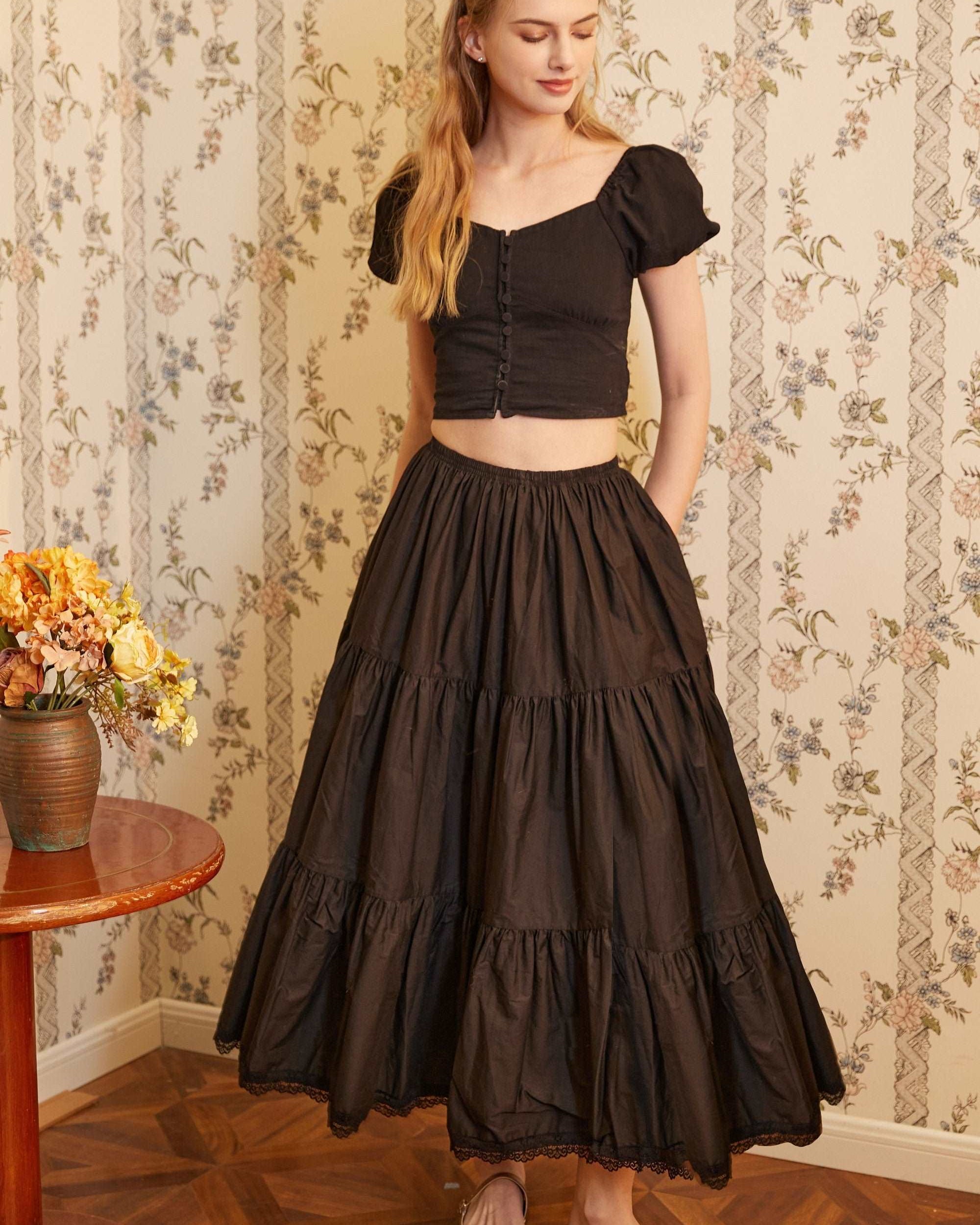 Petticoat Half Slip Cotton Woman Skirt Extender Crinoline Edged Lace A-line underskirt with Elastic waistband in three lengths Black