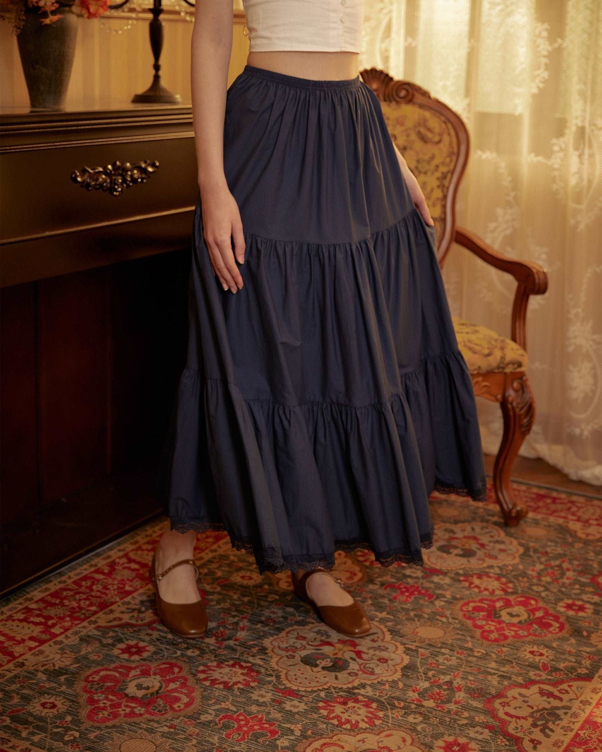 Petticoat Half Slip Cotton Woman Skirt Extender Crinoline Edged Lace A-line underskirt with Elastic waistband in three lengths Navy Blue